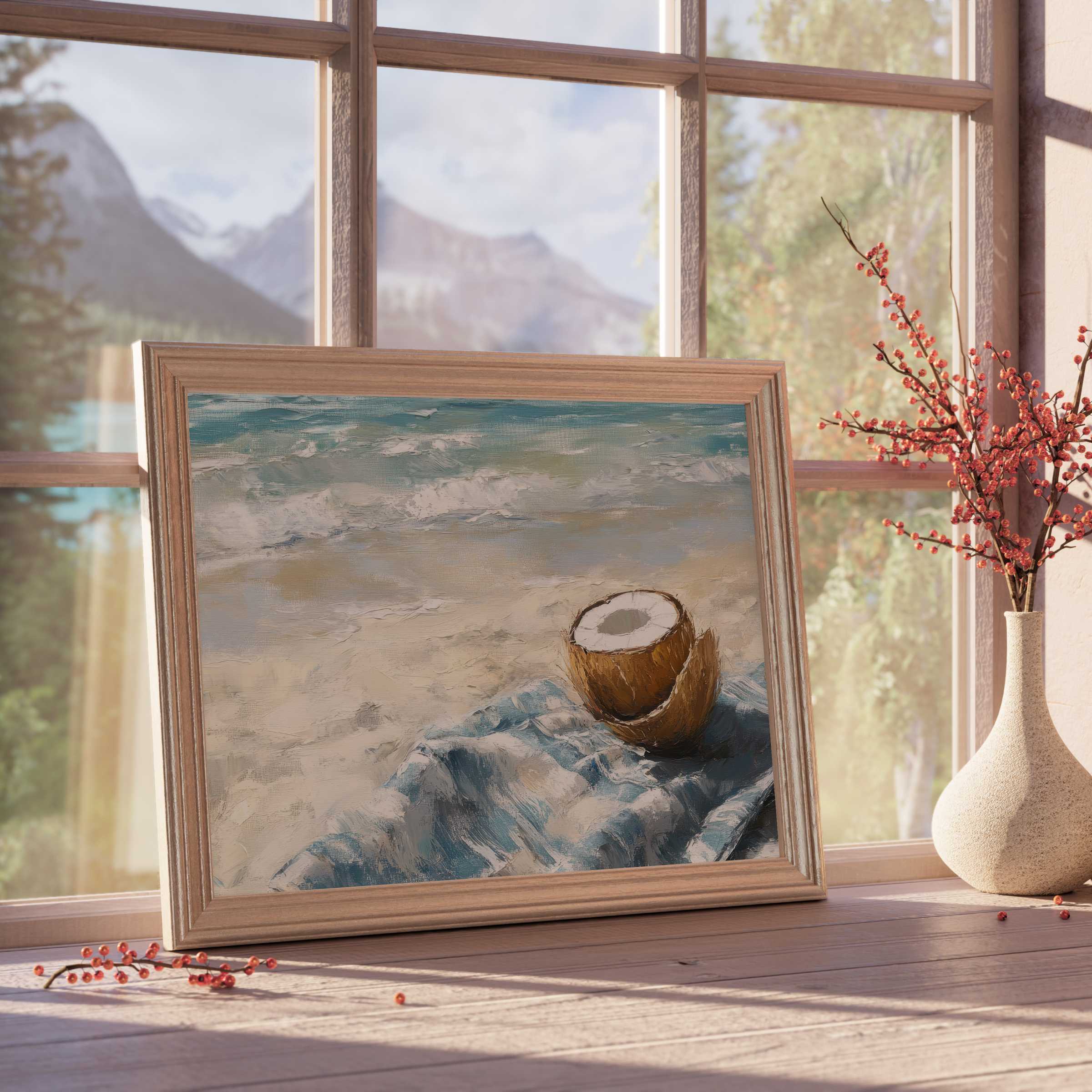 Elegant beach downloadable art featuring textured waves and coconut on serene sand, elevating tranquil, curated interiors with coastal charm