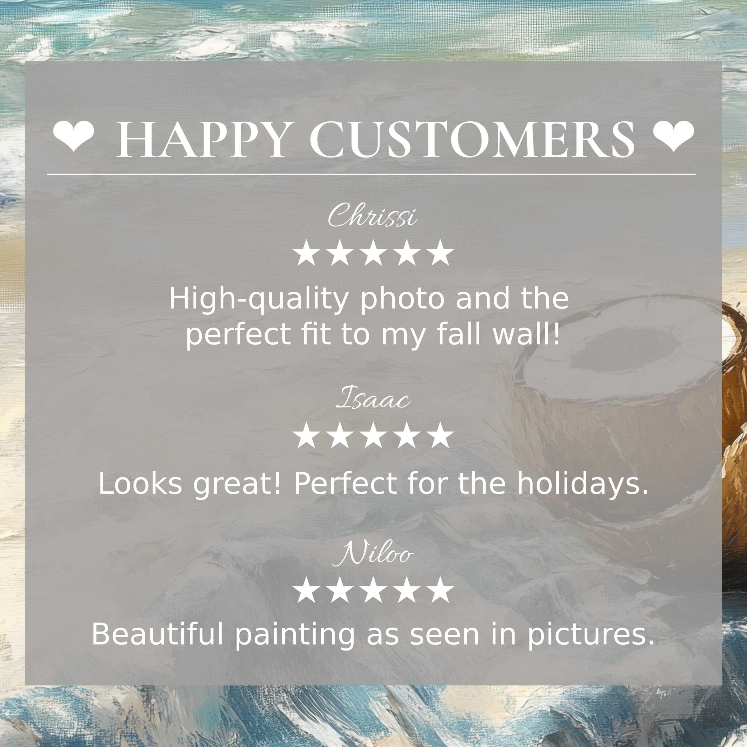 Happy customer reviews with elegant beach art for Frame TV featuring soothing abstract sunset hues