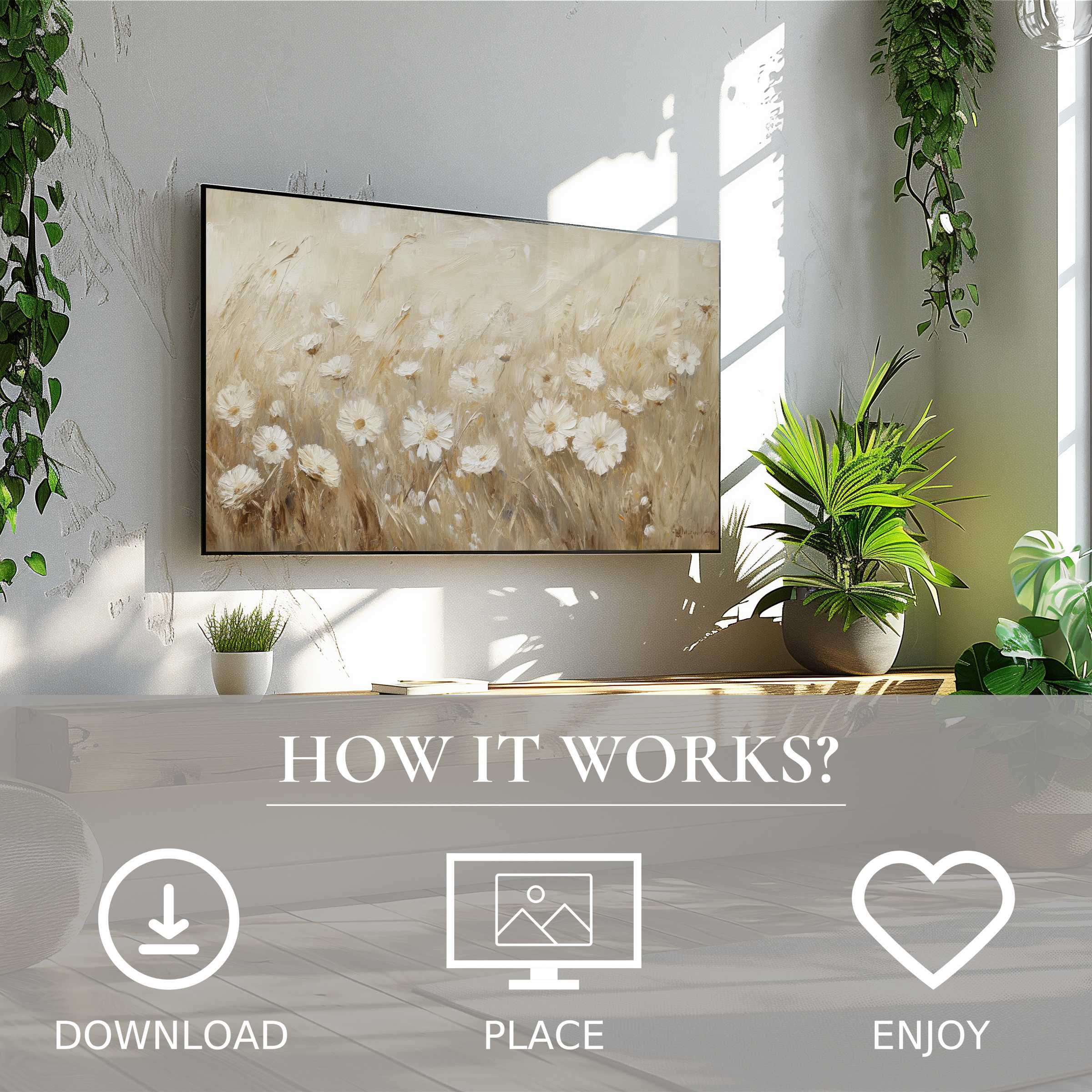 Vintage art for Samsung TV shows soft beige floral motif; easy digital download enriches bright, plant-filled living spaces