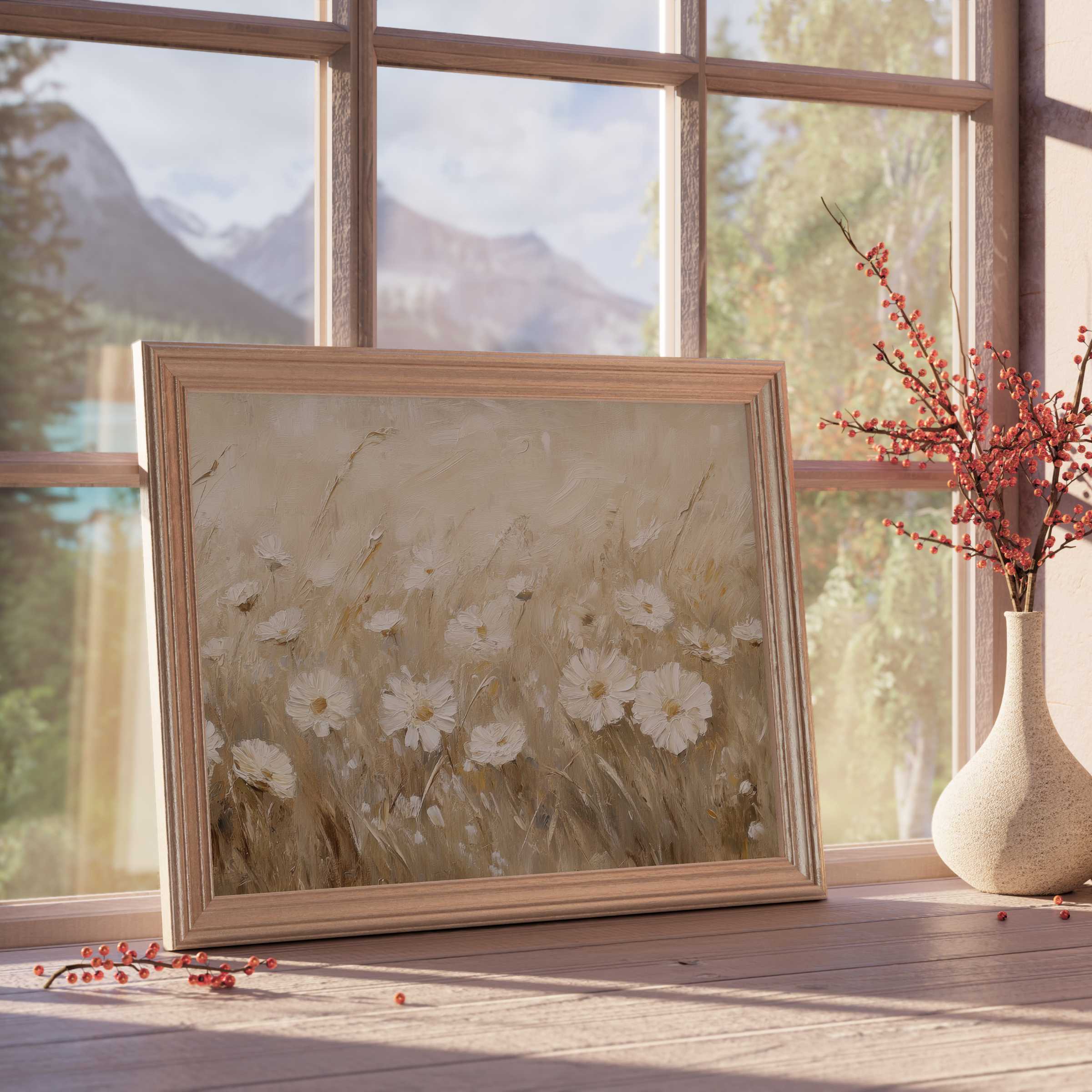 Vintage downloadable art of delicate wildflowers in soft beige hues, enriching serene, curated interiors with timeless warmth and refined elegance