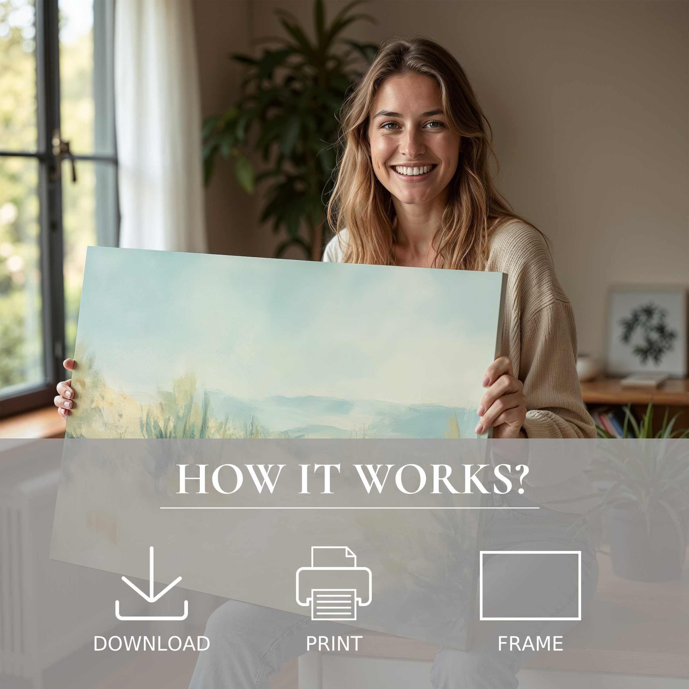 Young woman radiates joy, embracing a serene landscape digital art print in her stylish, light-filled modern home