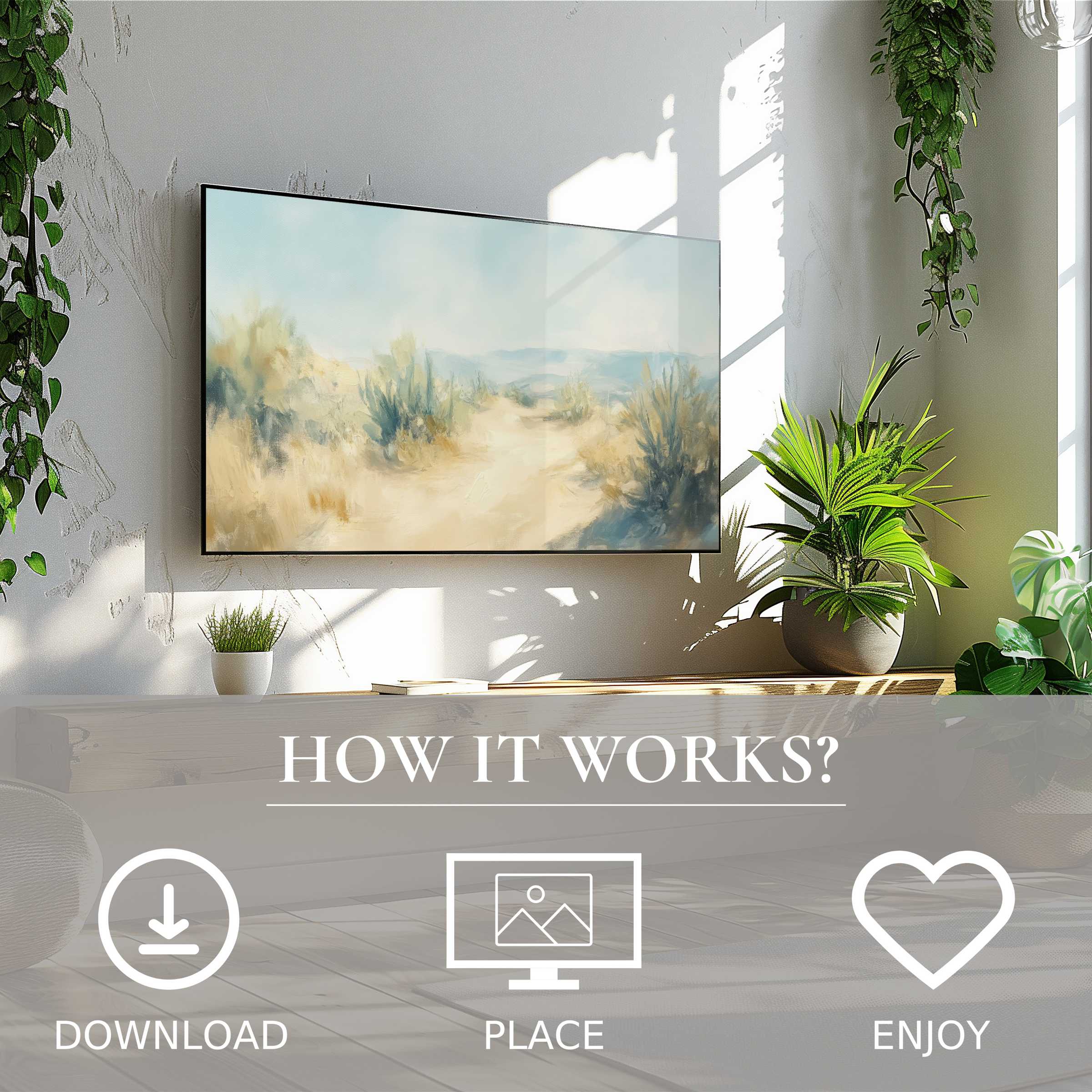 Modern living room with landscape art for Samsung TV; soft desert tones enrich space via easy digital download
