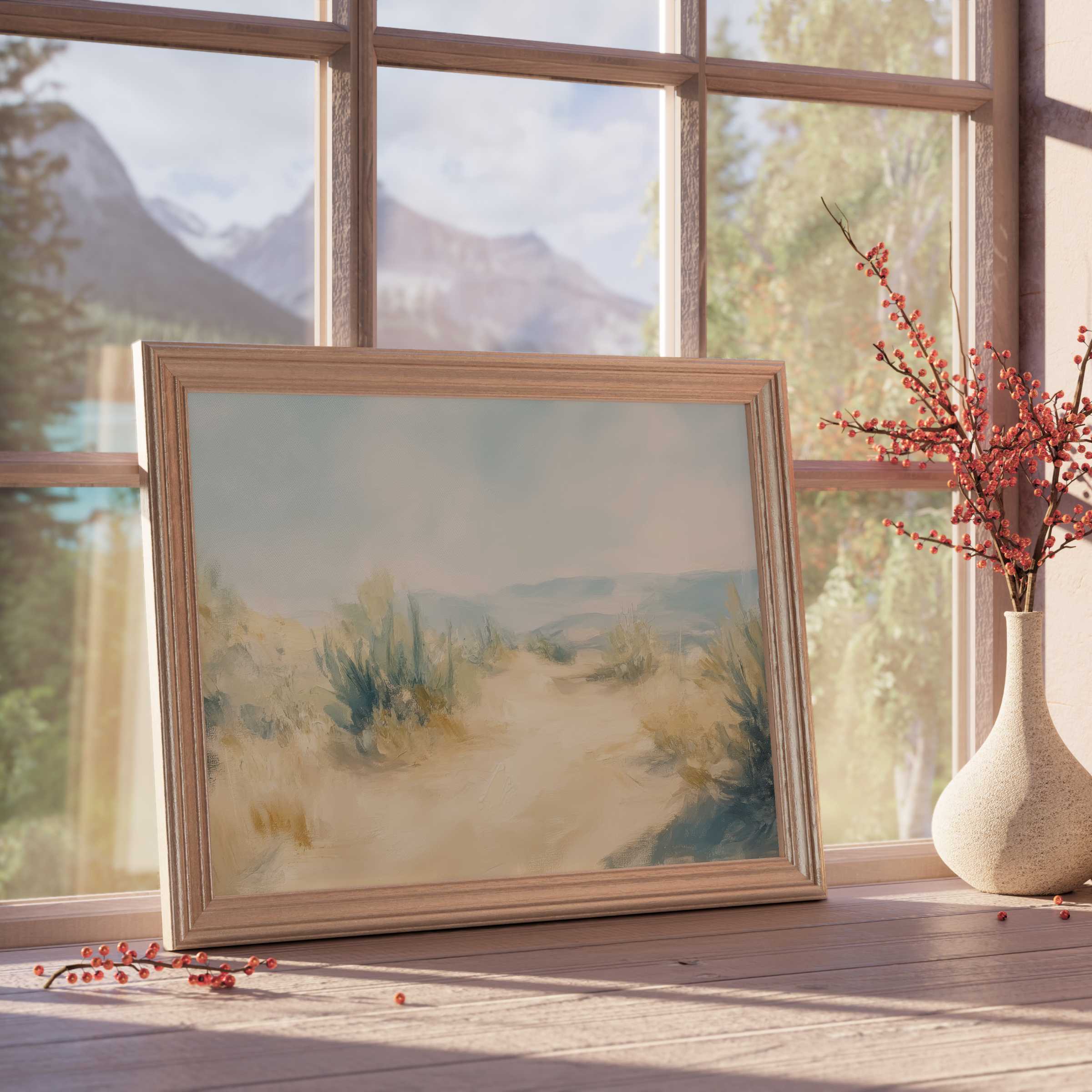 Serene landscape downloadable art evokes tranquil desert horizons in a soft wooden frame, enriching elegant, nature-inspired interiors with warm, calm allure
