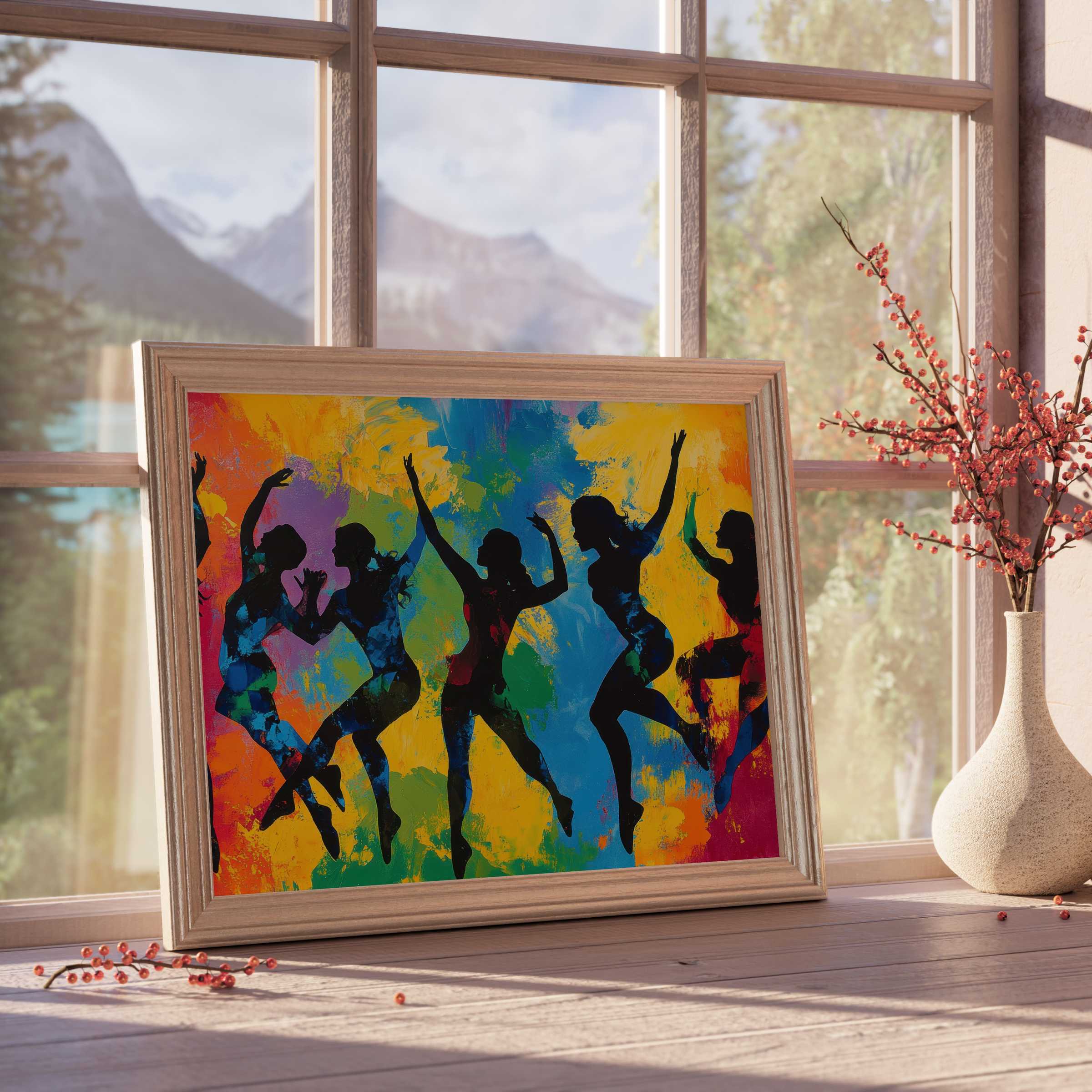 Vibrant pop art downloadable art with dynamic dancing silhouettes, infusing curated interiors with joyful energy and modern elegance