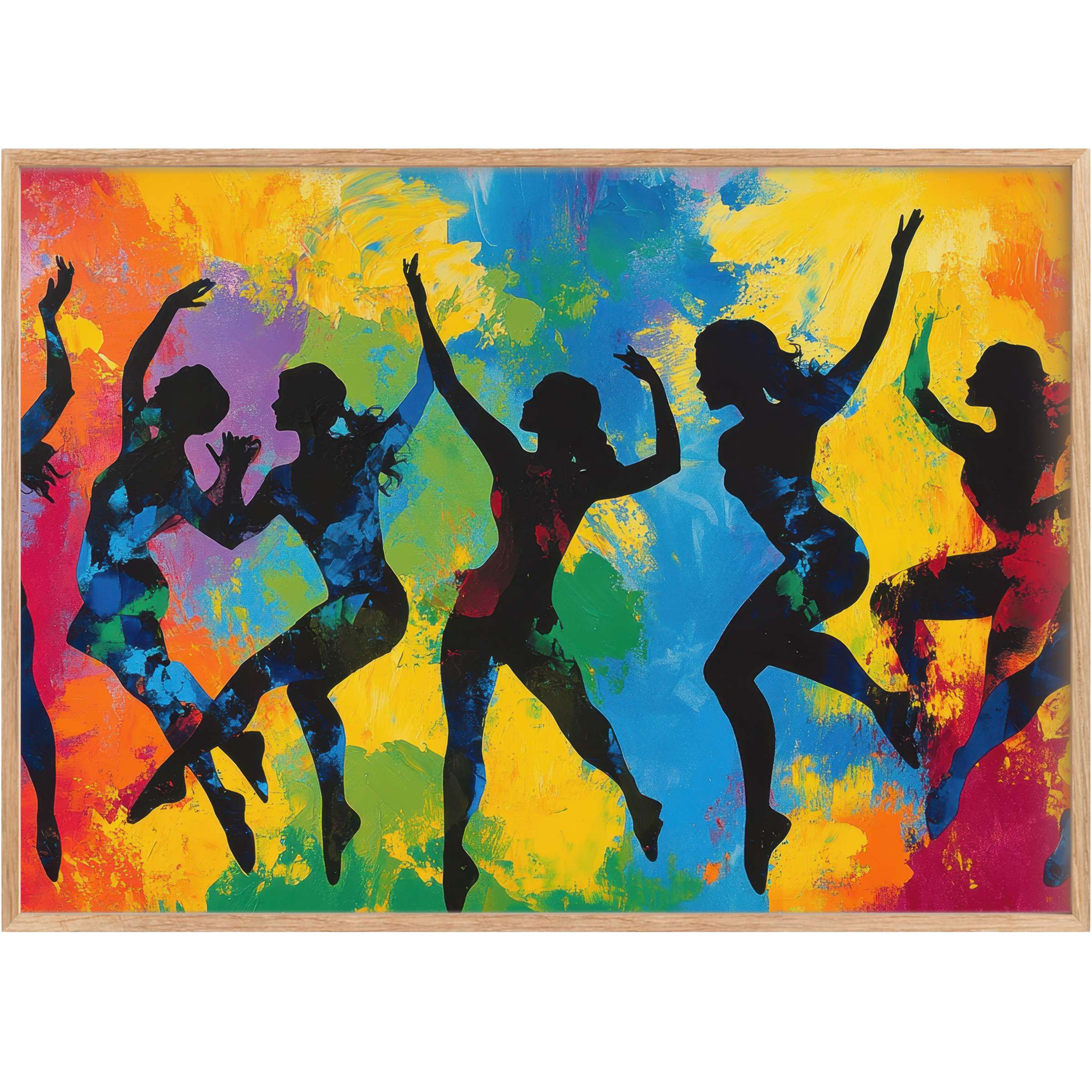 Vibrant pop art printable wall art featuring graceful dancing silhouettes in bold black against radiant splashes of yellow, blue, and orange, evoking joyous energy and dynamic movement