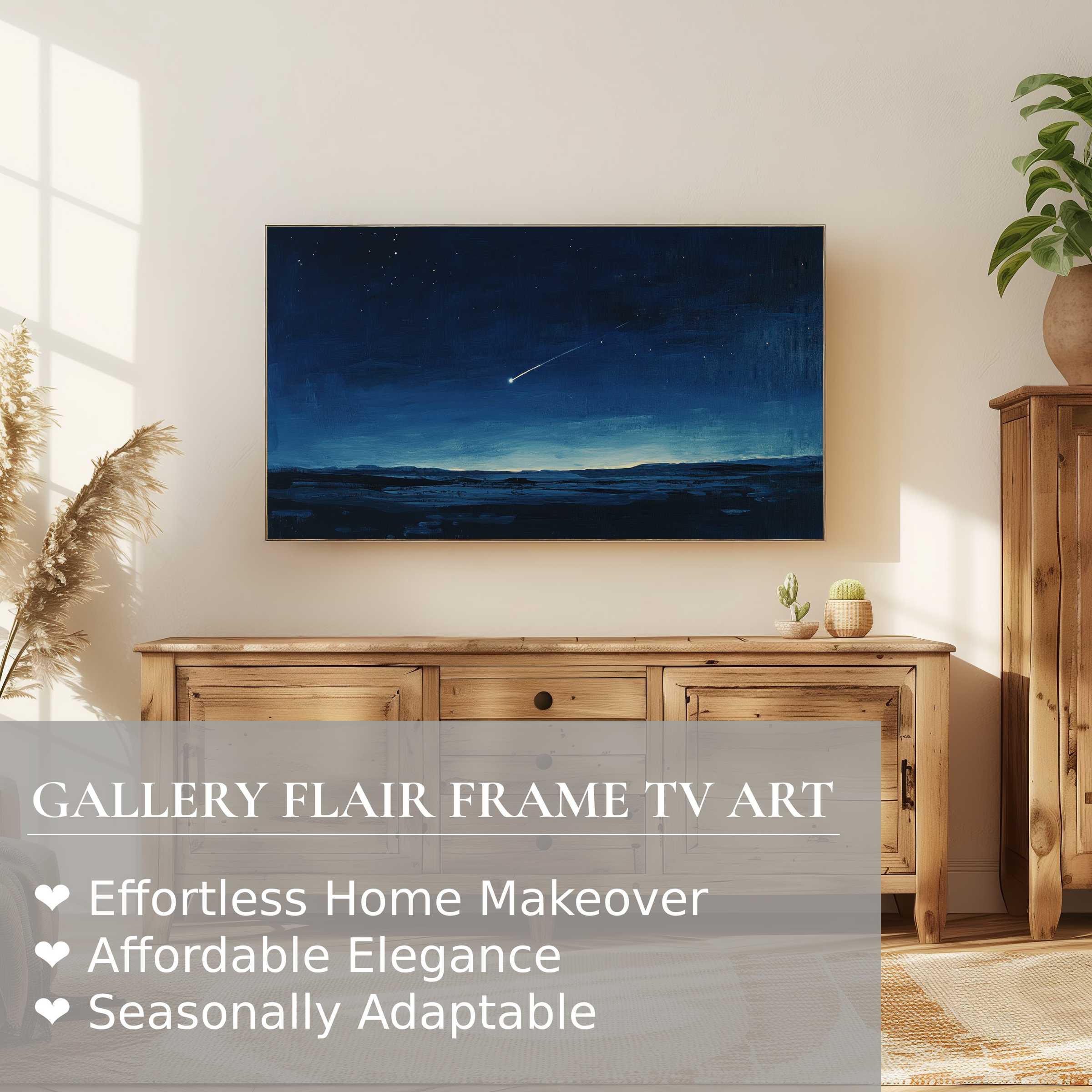 Elegant minimalist digital artwork of a night sky on Samsung Frame TV in a warm, refined living space