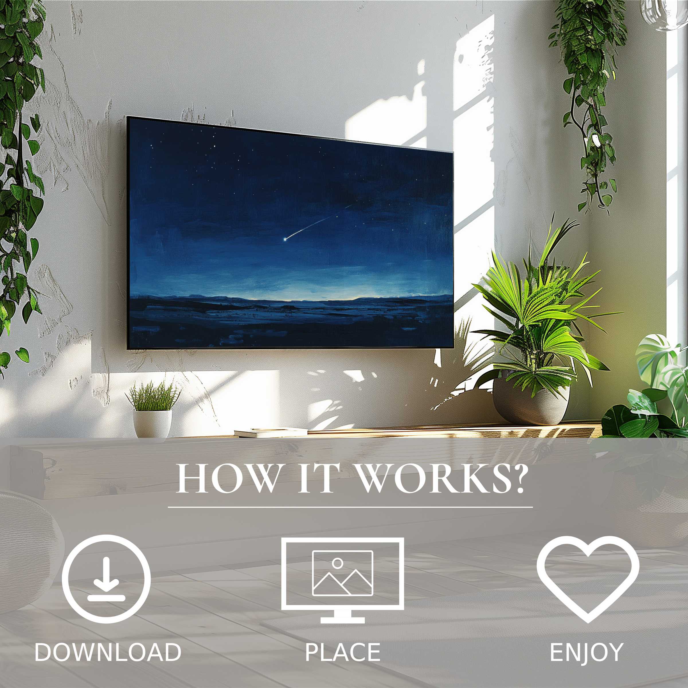 Minimalist art for Samsung TV shows a deep blue night sky with a shooting star, easy digital download enriches space