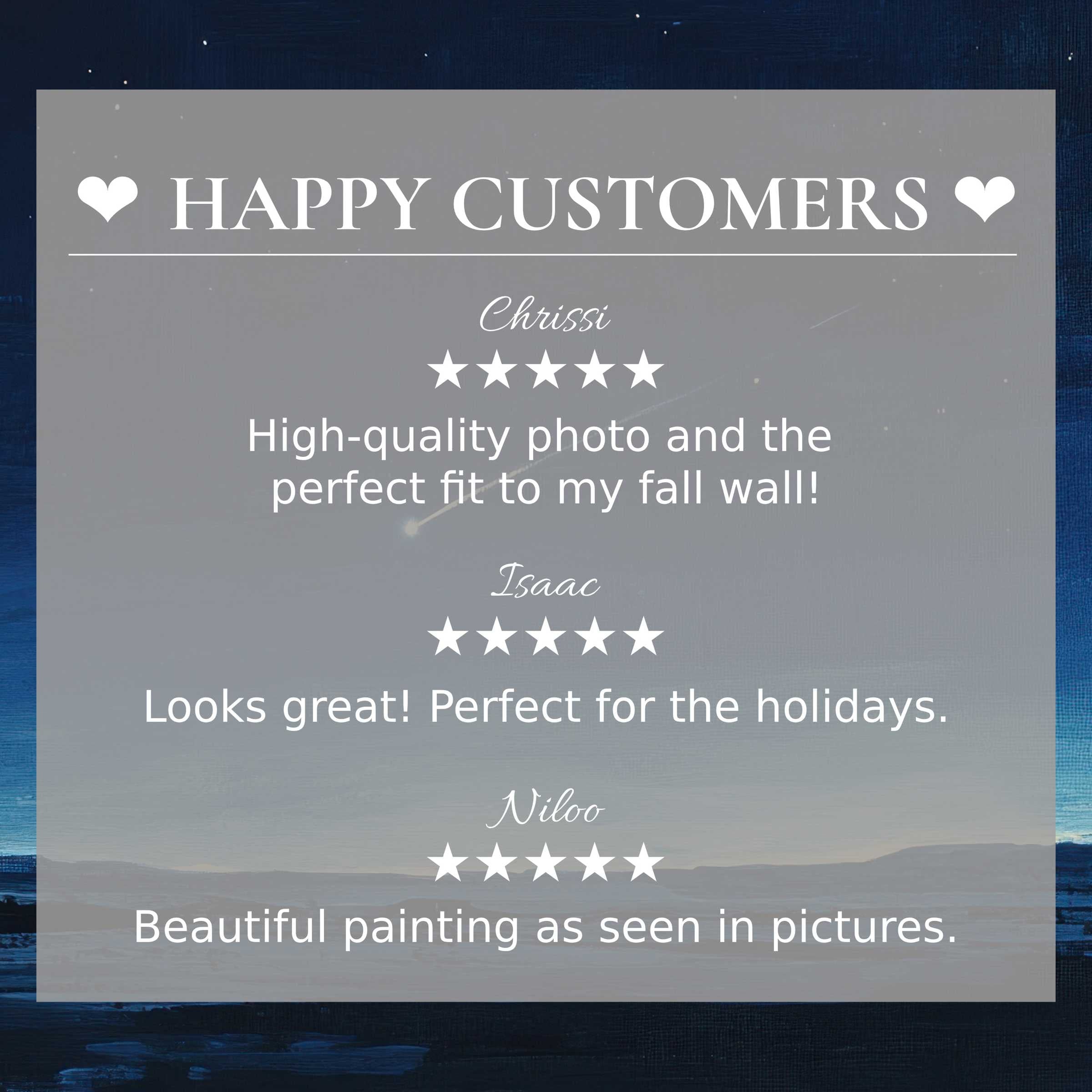 Minimalist art for Frame TV with abstract twilight hues, showcasing happy customer reviews and elegant, trust-building design