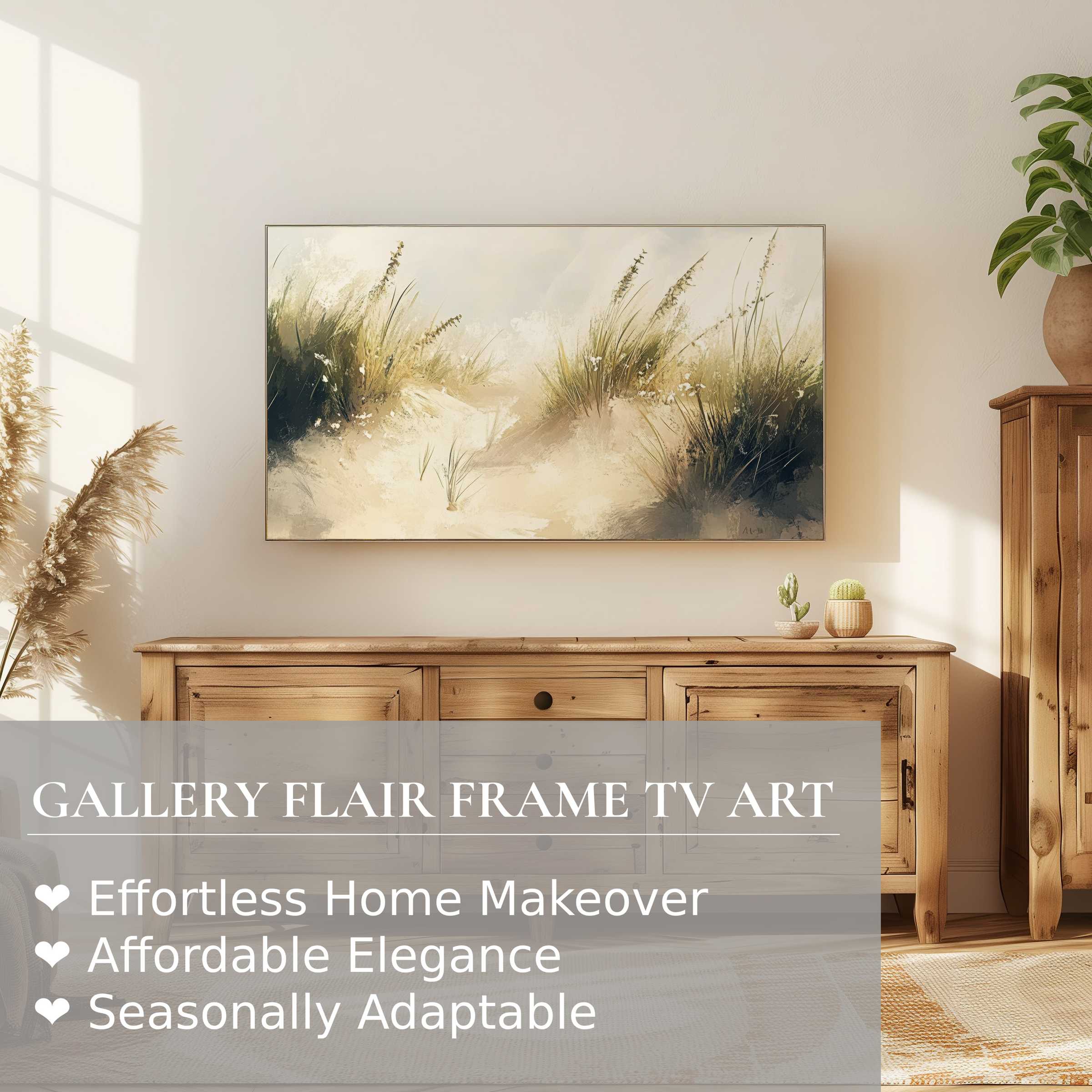 Samsung Frame TV displaying refined summer digital artwork of soft dunes, enhancing modern, elegant home decor