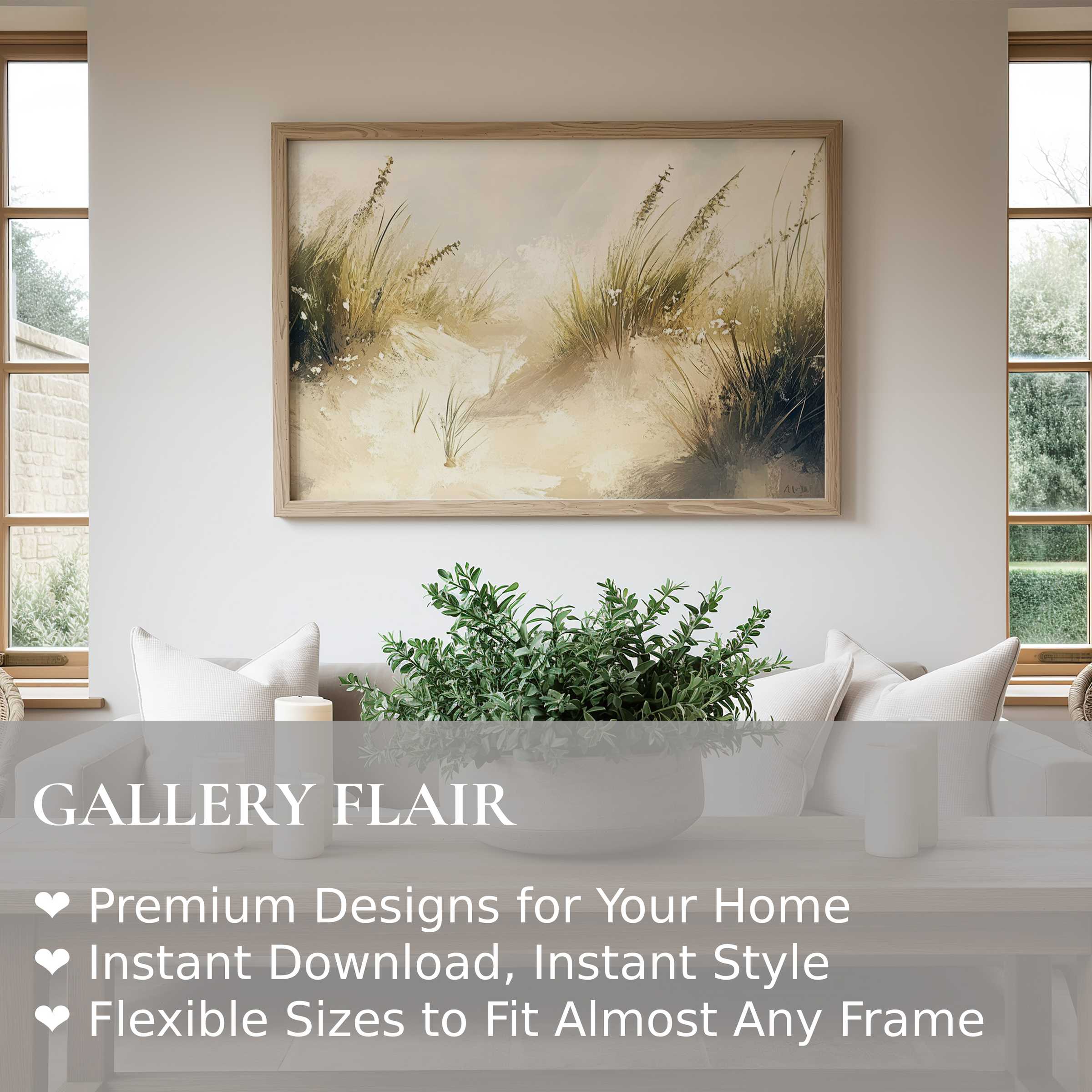 Summer wall art print featuring serene coastal dunes with soft, radiant grasses, enhancing a modern minimalist living space with calming natural elegance