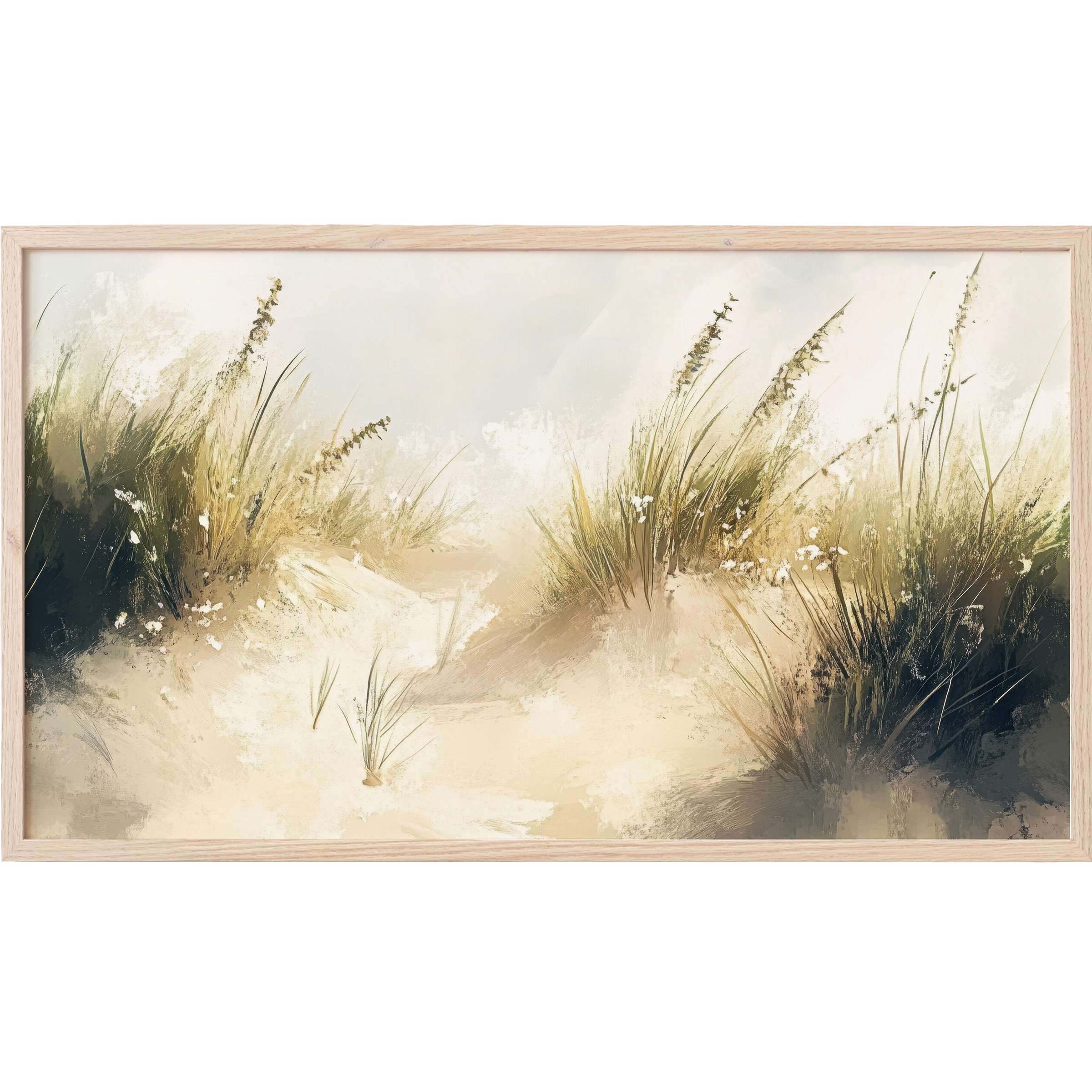Summer Frame TV Art showing soft sand dunes with wispy grasses in muted beige, green, and cream tones, modern elegance