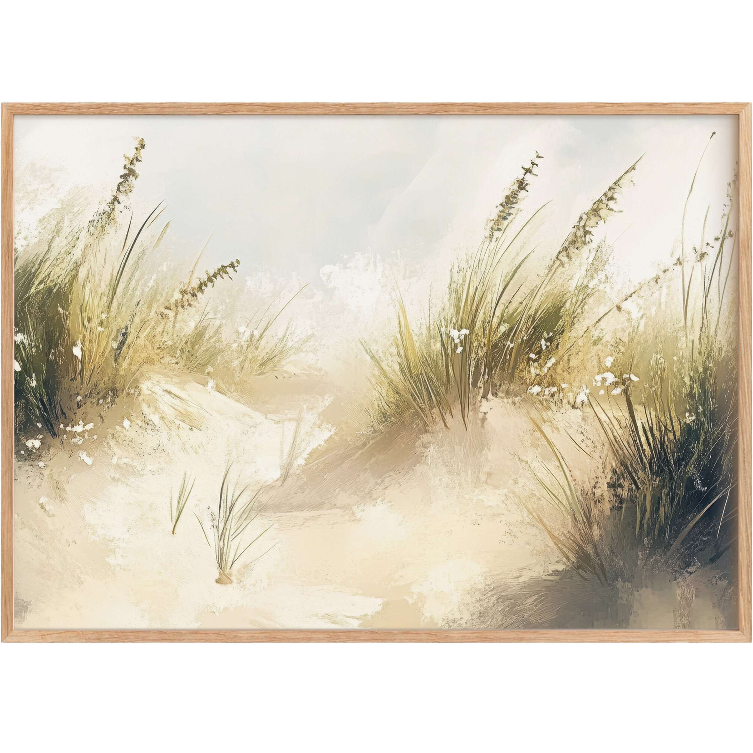 Serene summer printable wall art capturing soft sand dunes and wispy grasses in warm beige and muted green tones, evoking peaceful coastal calm