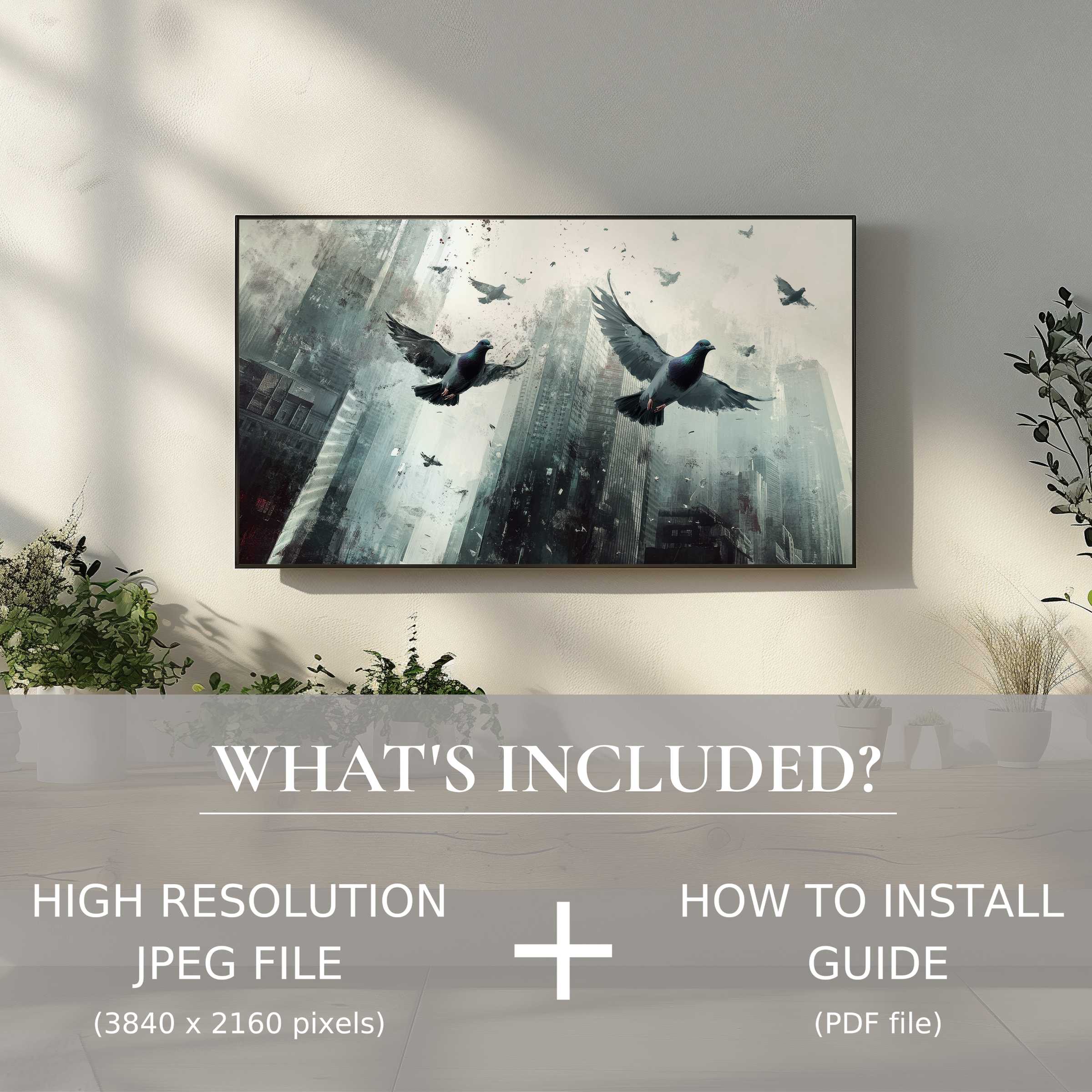 Street art digital TV art download: modern cityscape with pigeons, easy digital use enhances stylish living spaces