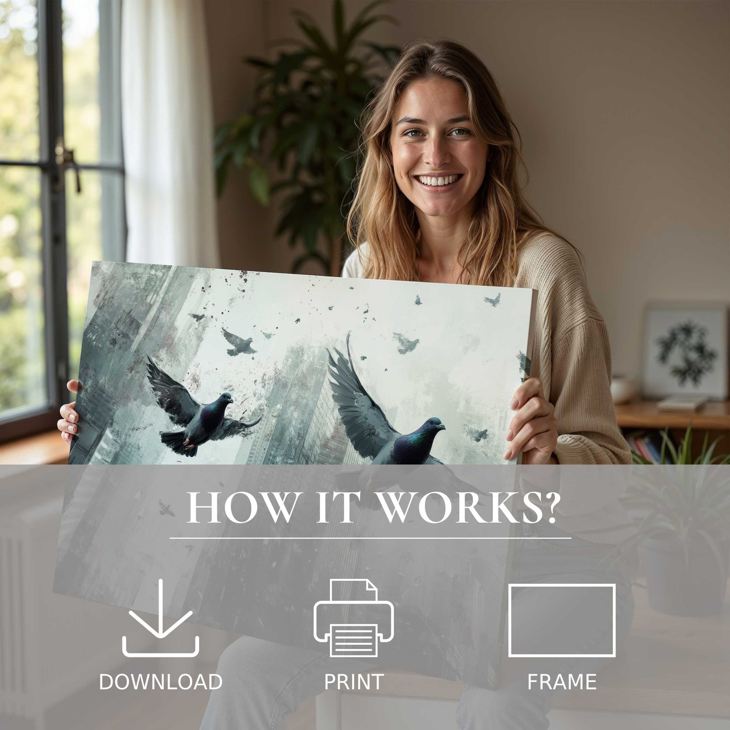 Joy radiates as she unveils a serene street art digital art print, blending effortless style with soulful urban grace