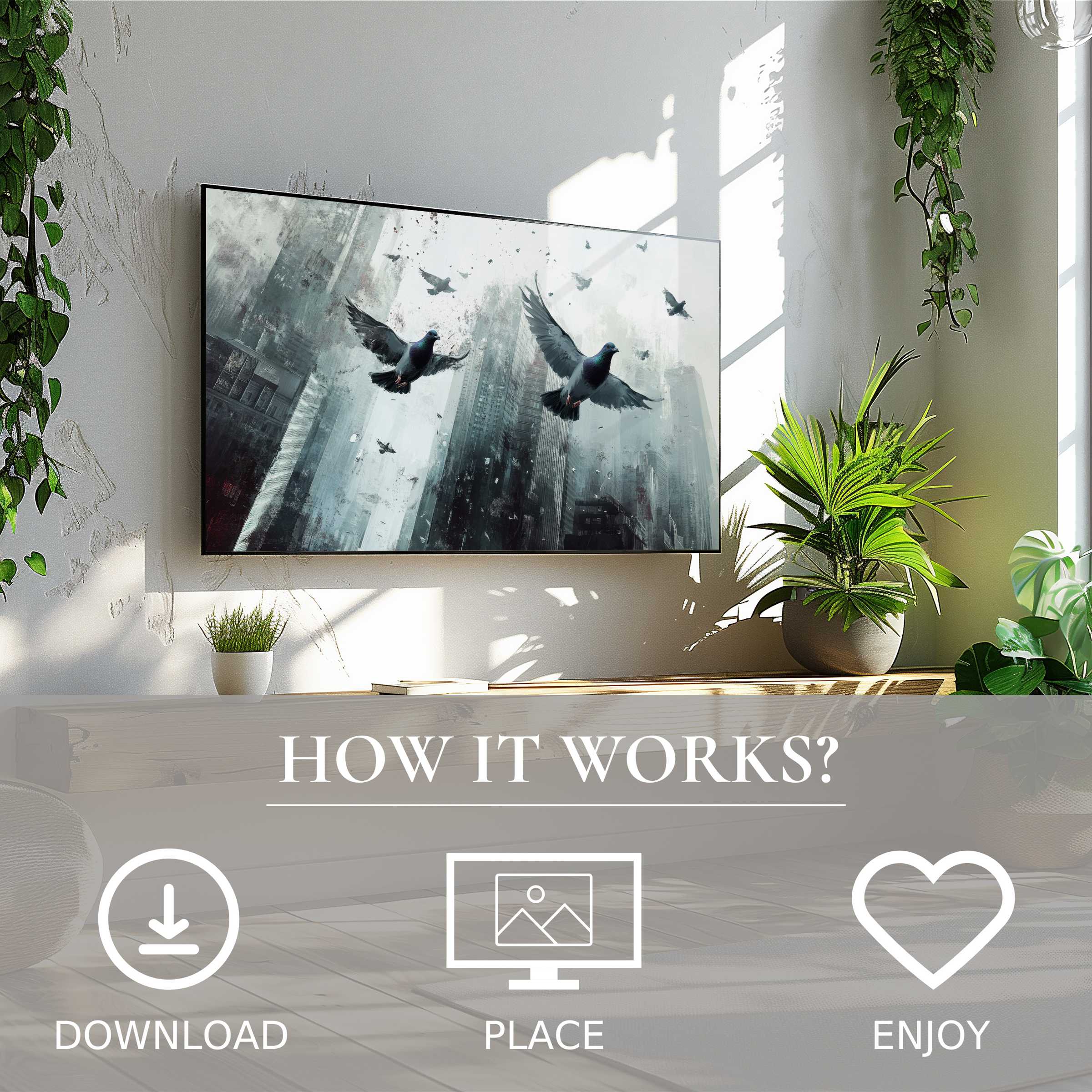 Street art for Samsung TV: sleek digital download, urban motif with soaring birds, enhancing modern living spaces effortlessly