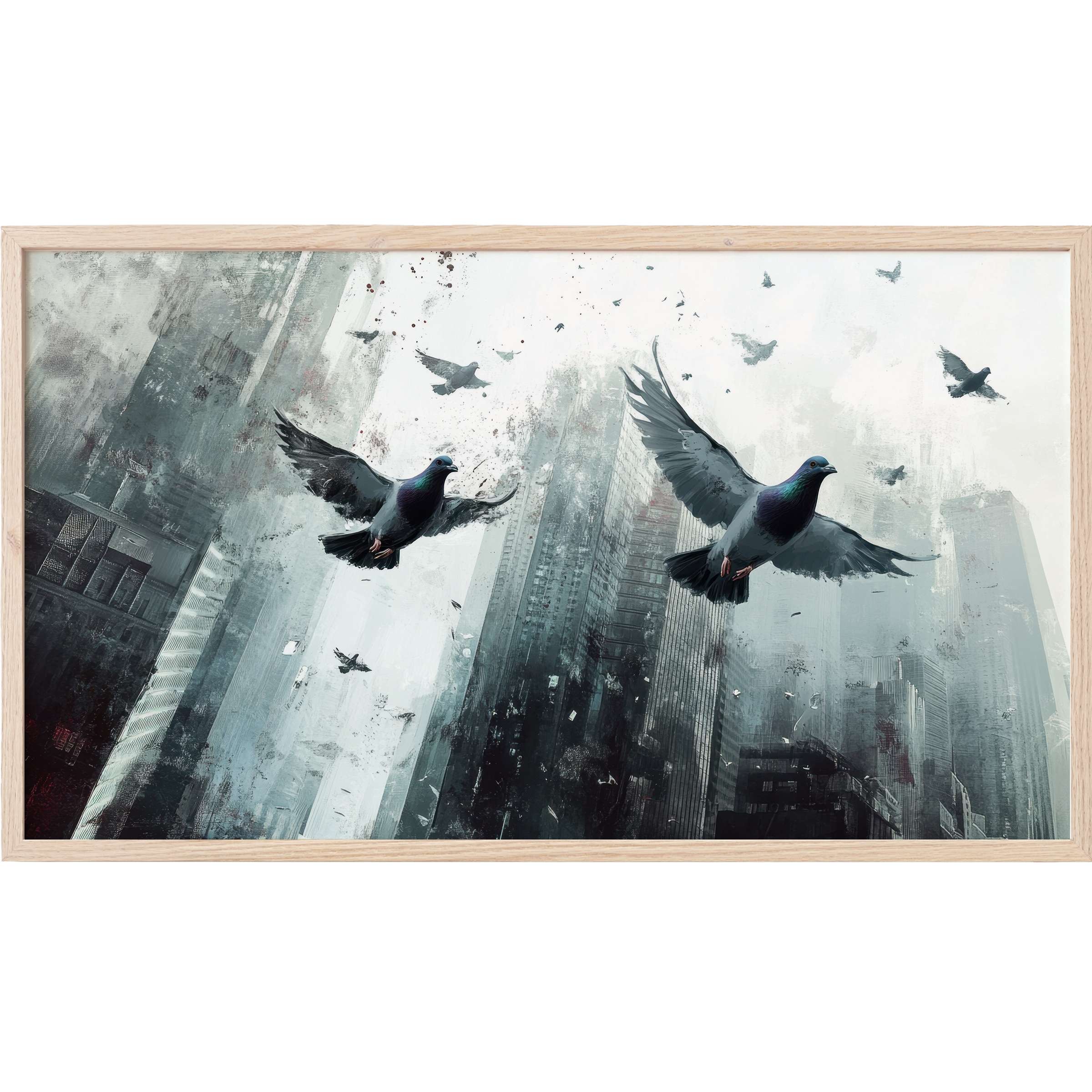 Urban cityscape with soaring pigeons in muted grays and blues, sleek street art Frame TV Art for modern spaces