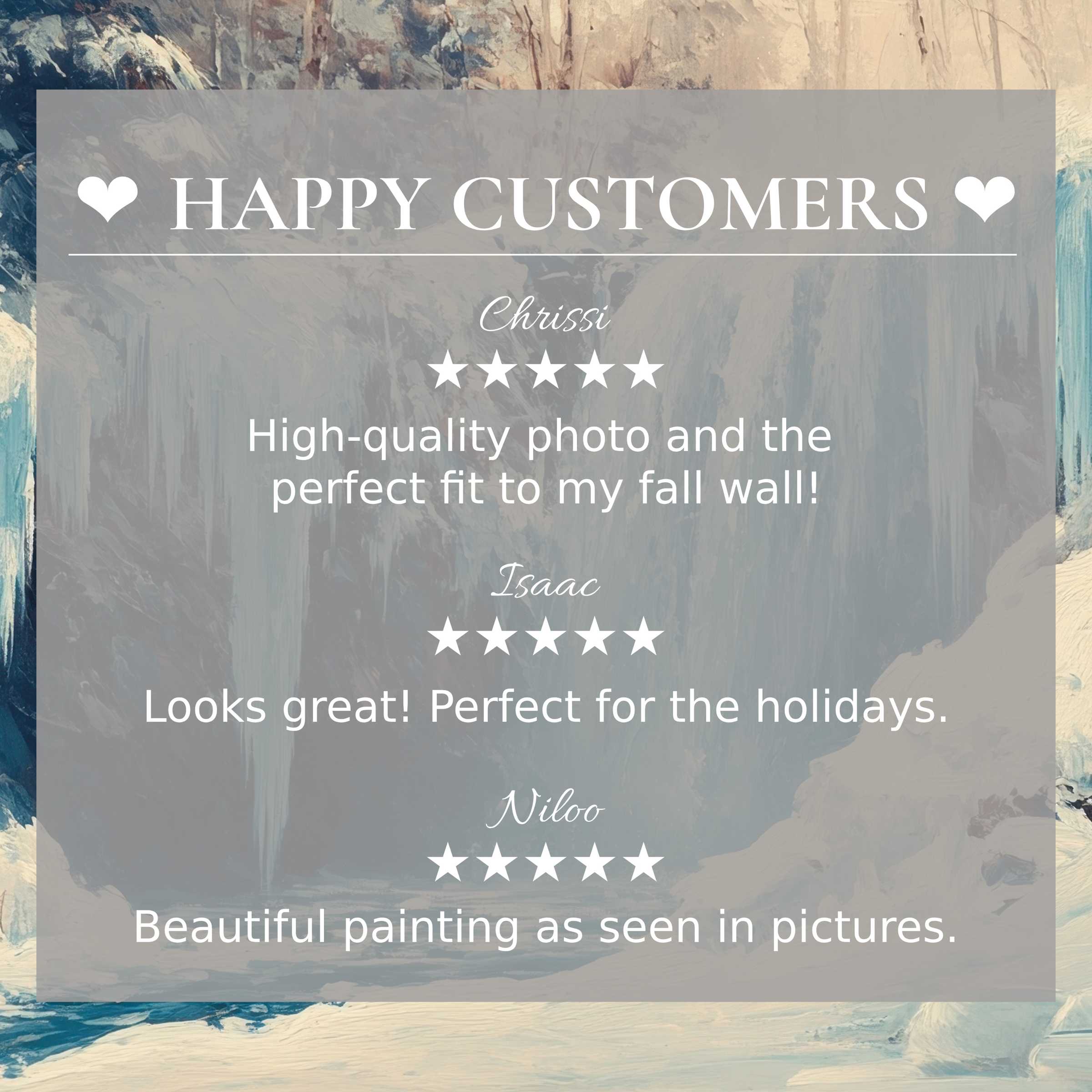 Winter art for Frame TV with abstract icy blue tones highlights happy customer reviews, conveying trust and refined style