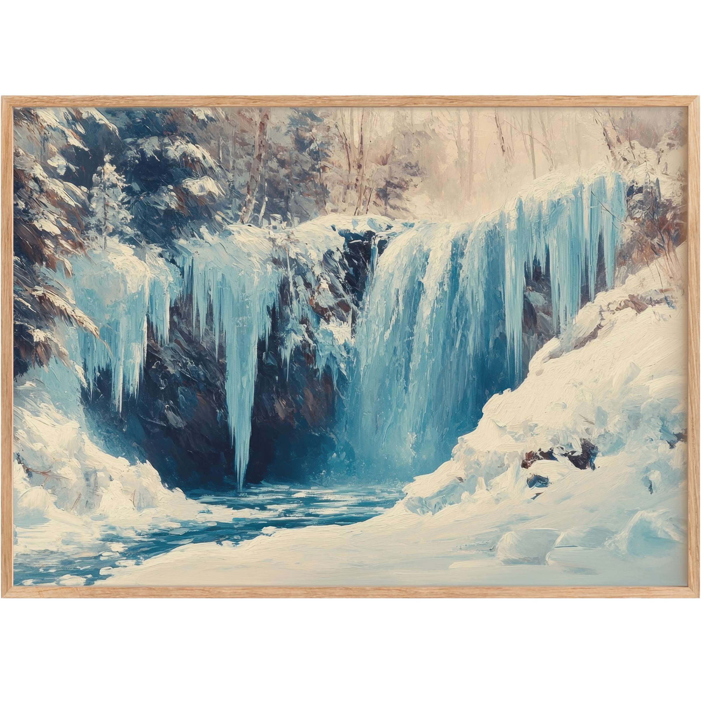 Elegant winter printable wall art capturing a serene, icy waterfall in soft blues and muted creams, evoking tranquility and refined cool