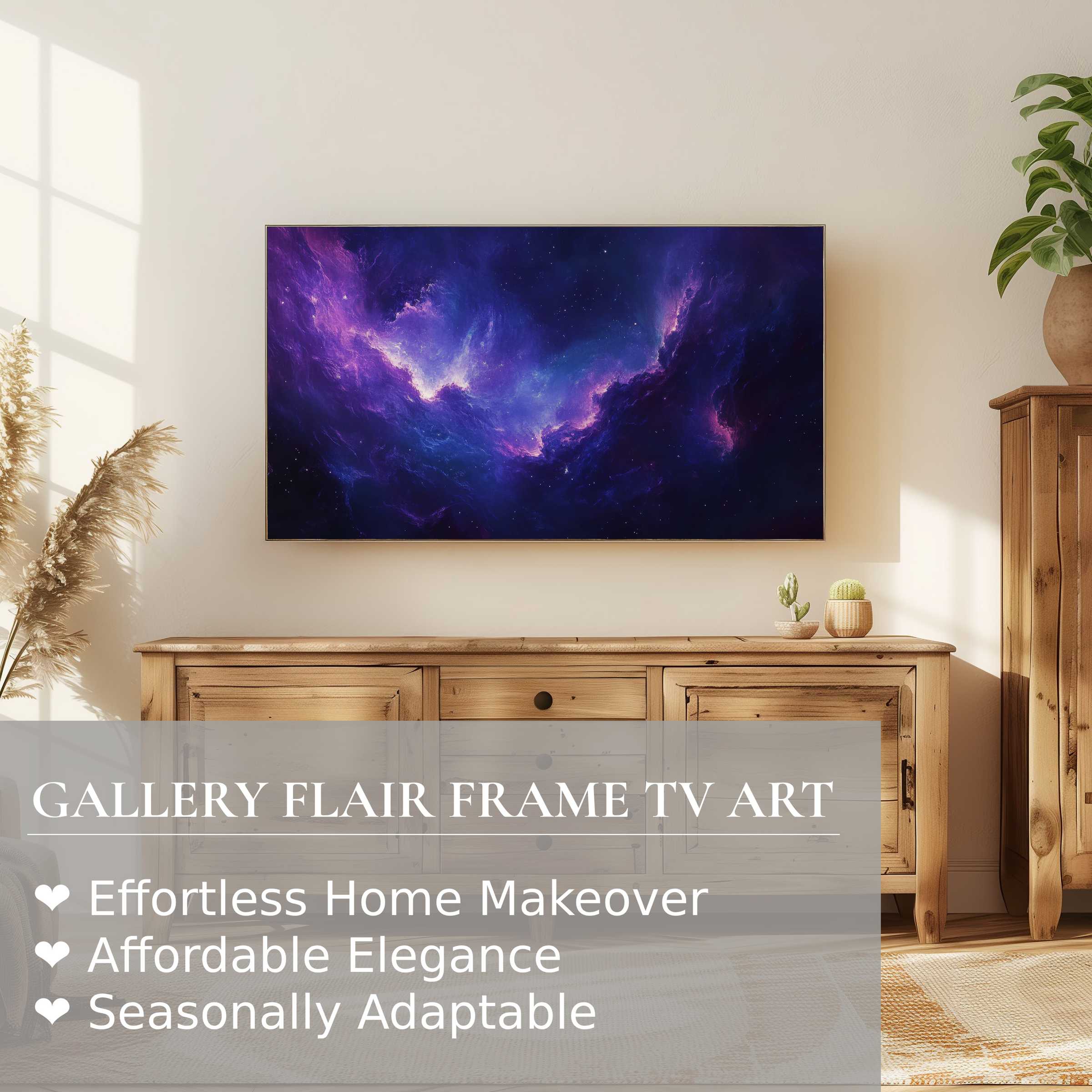 Samsung Frame TV features modern digital artwork of a cosmic purple nebula, enhancing refined, natural home decor