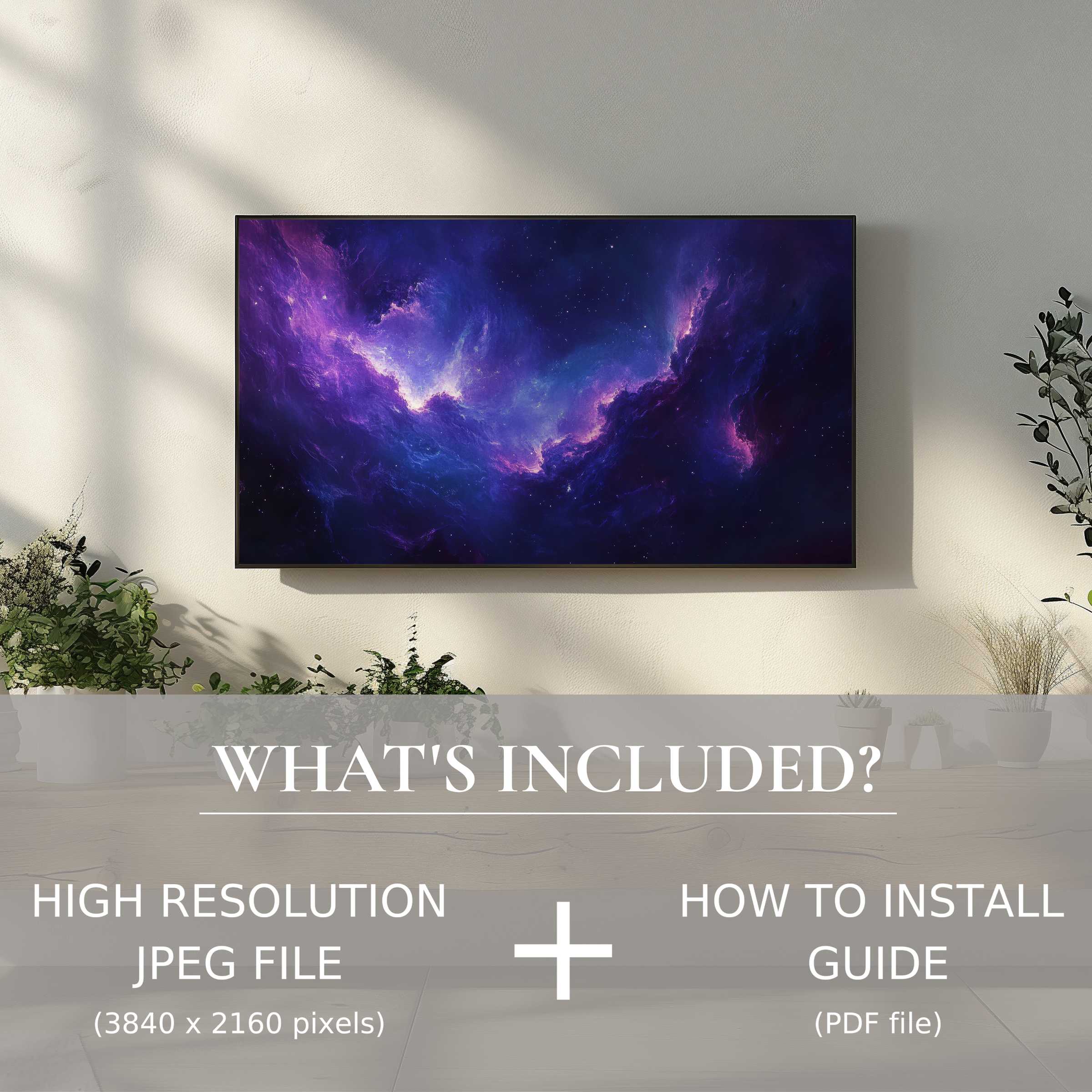 Modern digital TV art download of vibrant galaxy scene, effortlessly elevating your space with easy digital use and style