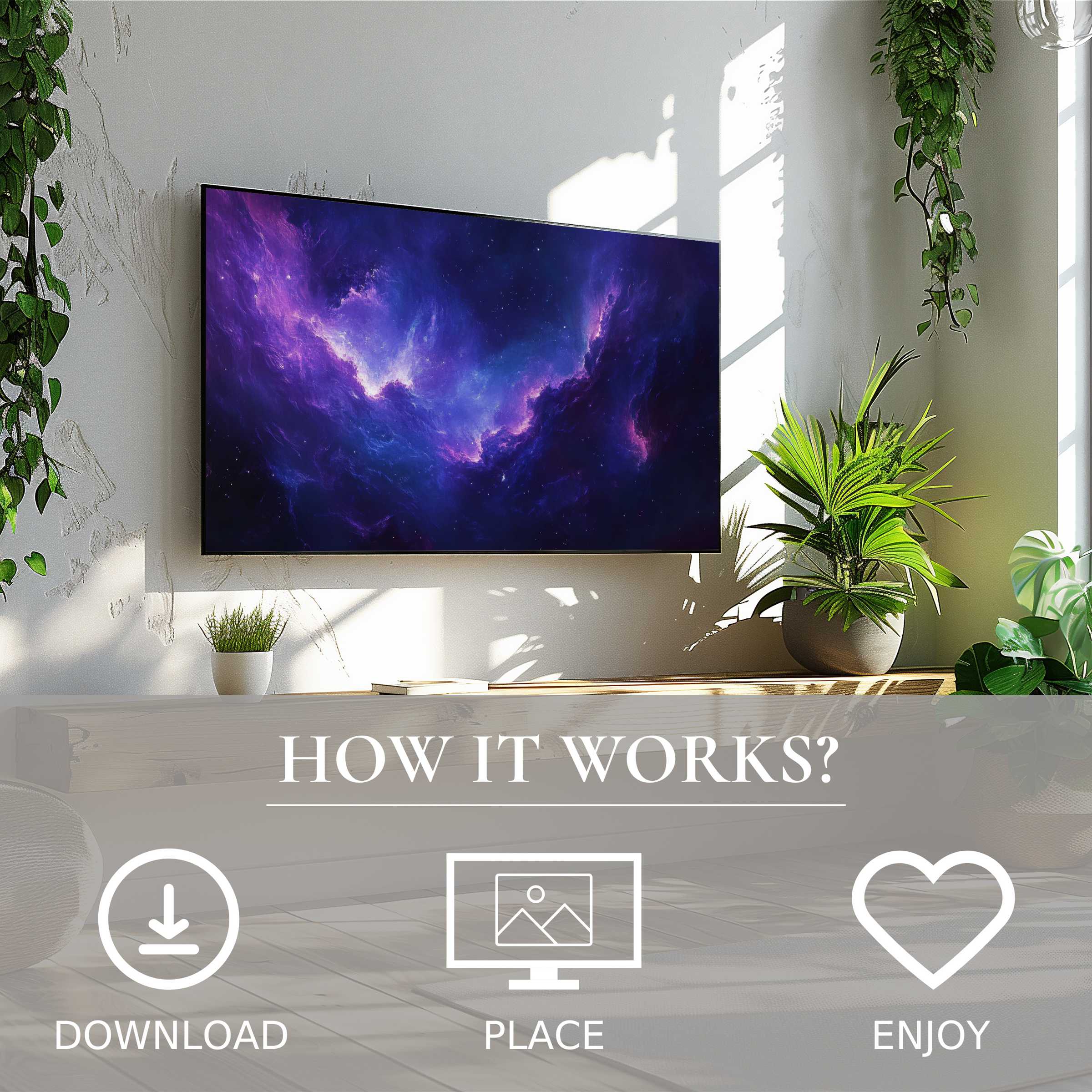 Modern art for Samsung TV shows vibrant cosmic color flow, easy digital download, enriching sleek living spaces