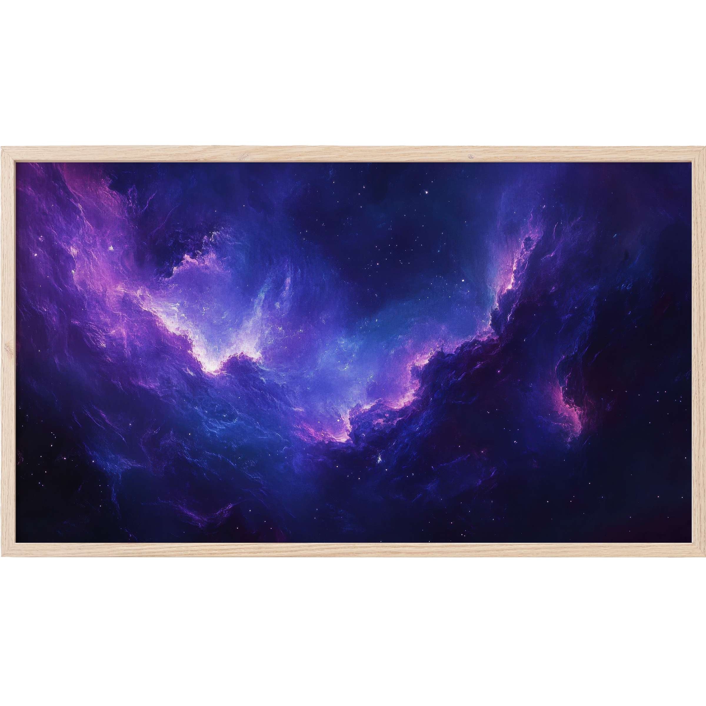 Ethereal purple and blue cosmic swirls in a sleek light wood frame, perfect modern Frame TV Art for stylish spaces