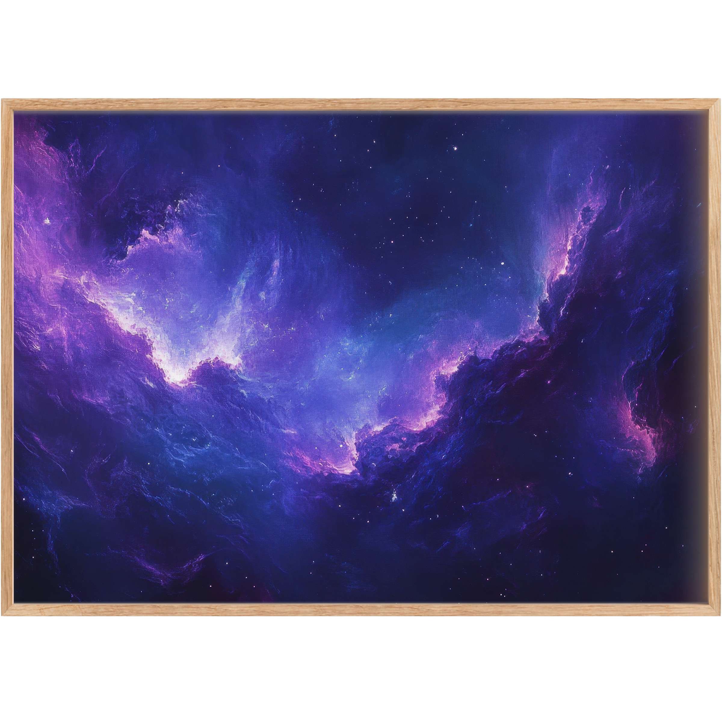 Ethereal modern printable wall art in deep indigo and violet hues, igniting a radiant, cosmic ambiance for elegant spaces