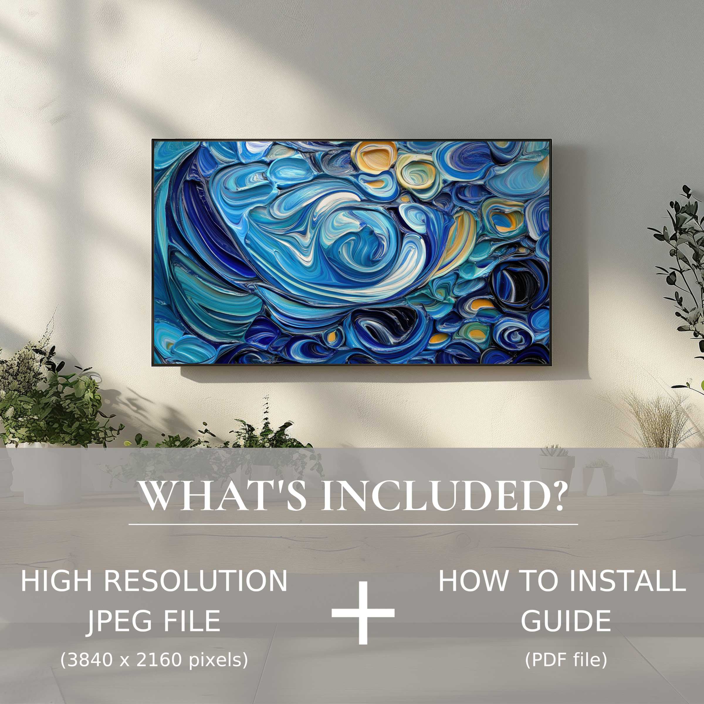 Elegant living room with abstract digital TV art download, enhancing space through easy digital use and bold color swirls