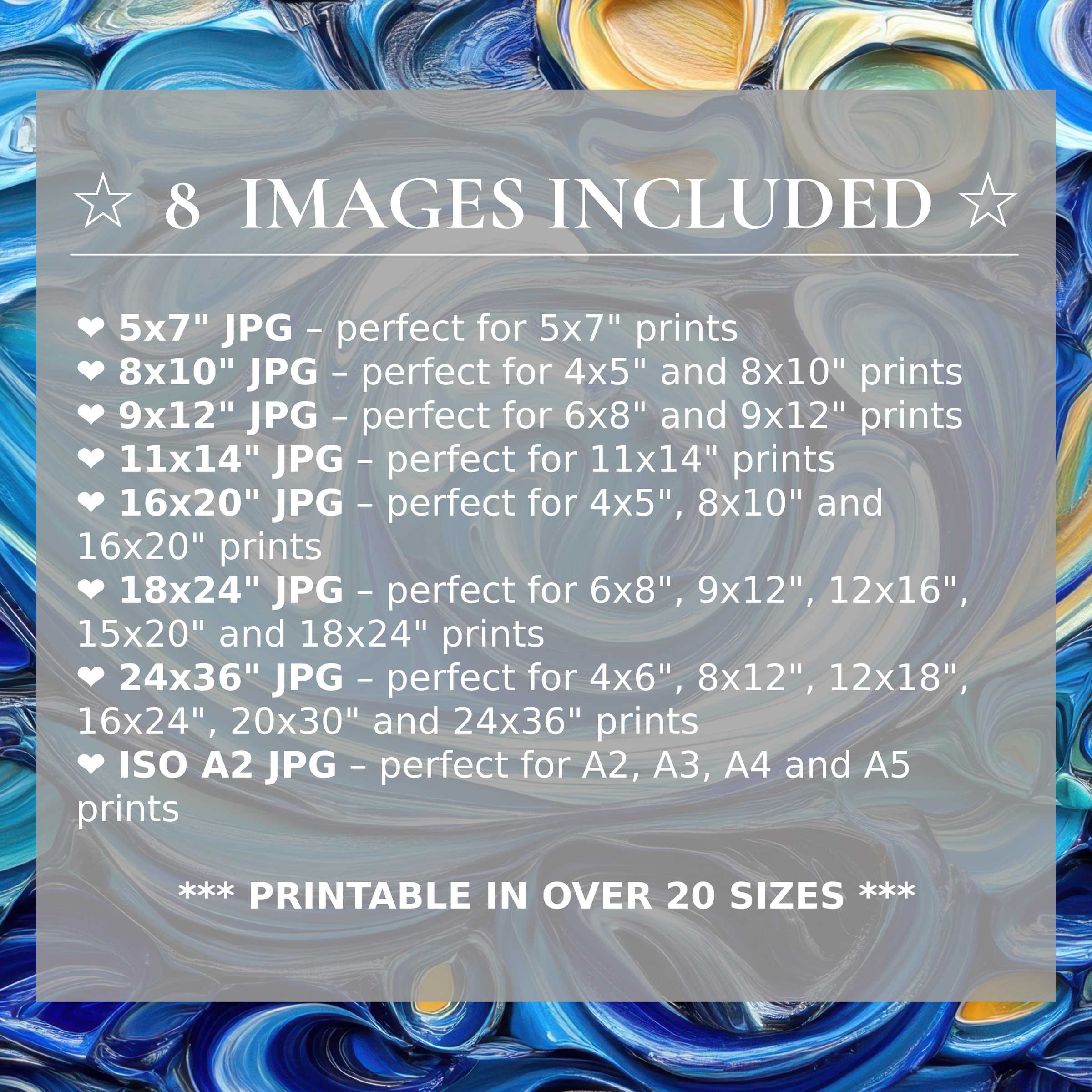 Radiant abstract digital print in blue, gold, and aqua tones, delivering versatile luxury with 8 high-quality sizes included