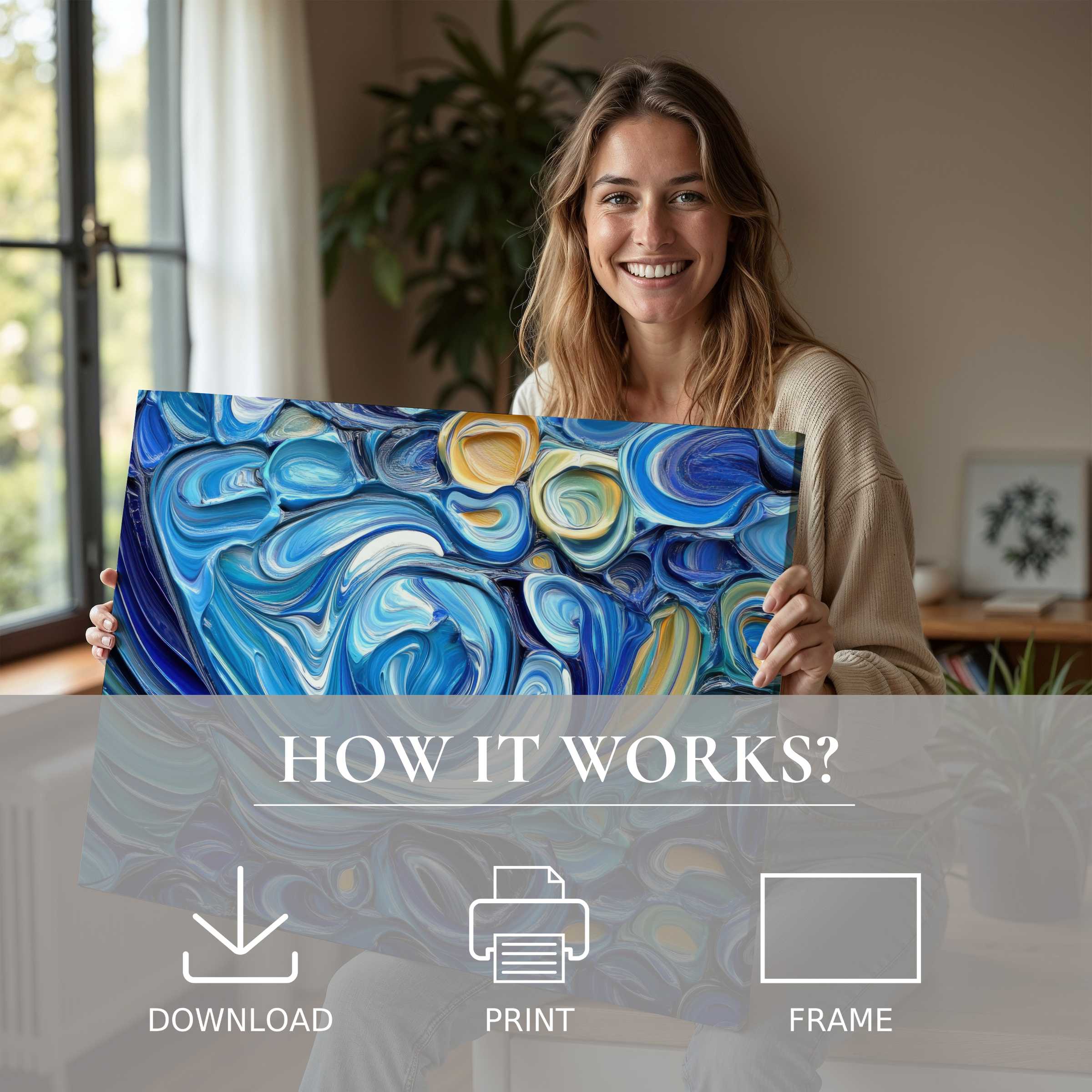 Radiant joy in a modern home as abstract digital art print in swirling blues and golds transforms space with serene elegance