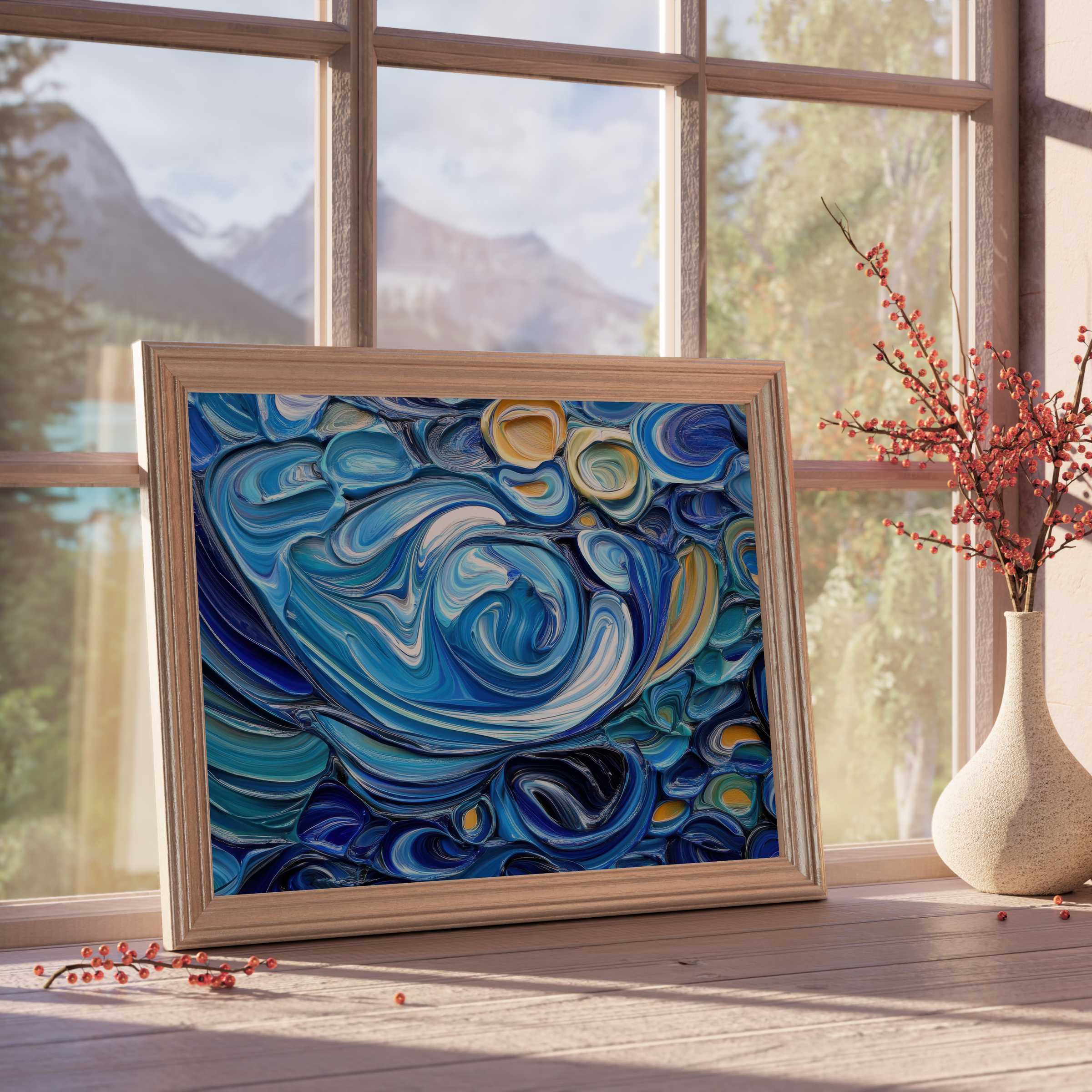 Abstract downloadable art in swirling oceanic blues and soft golds evokes calm sophistication, perfect for curated, tranquil interiors