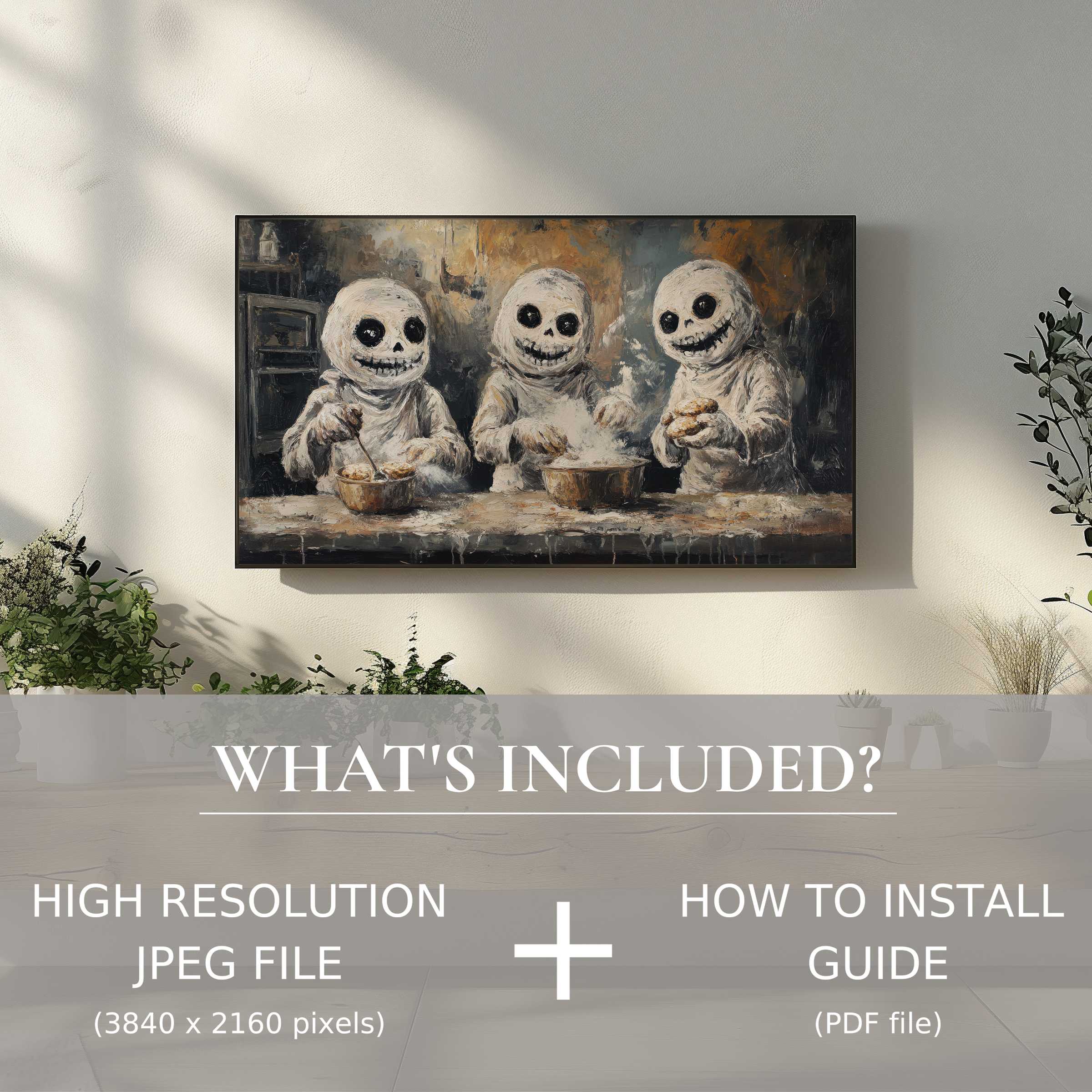 Elegant halloween digital TV art download showcasing playful skeletons, easily enhancing any modern living space with instant digital style