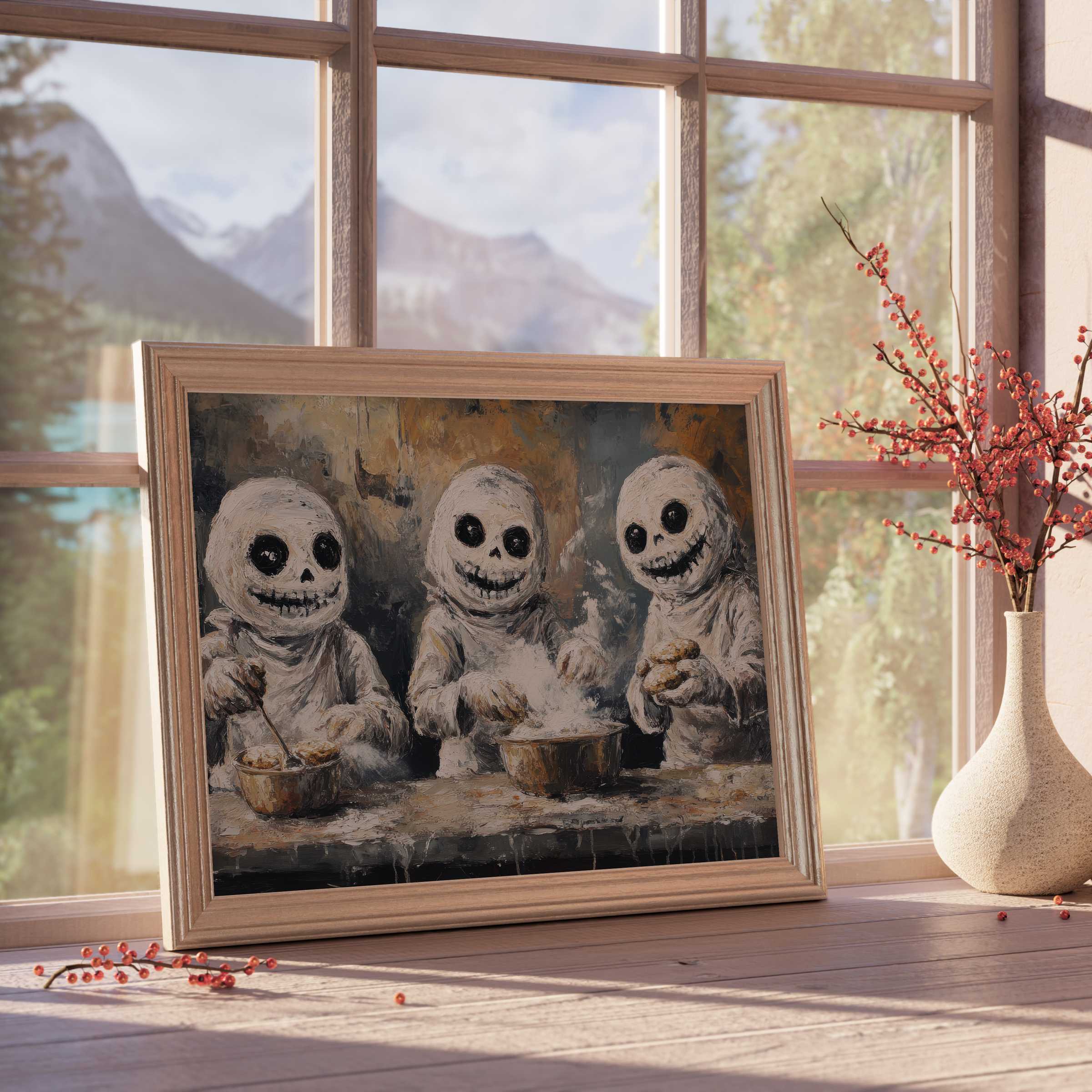 Halloween downloadable art of whimsical ghostly chefs crafting treats, enriching curated interiors with warm, playful charm and spooky elegance