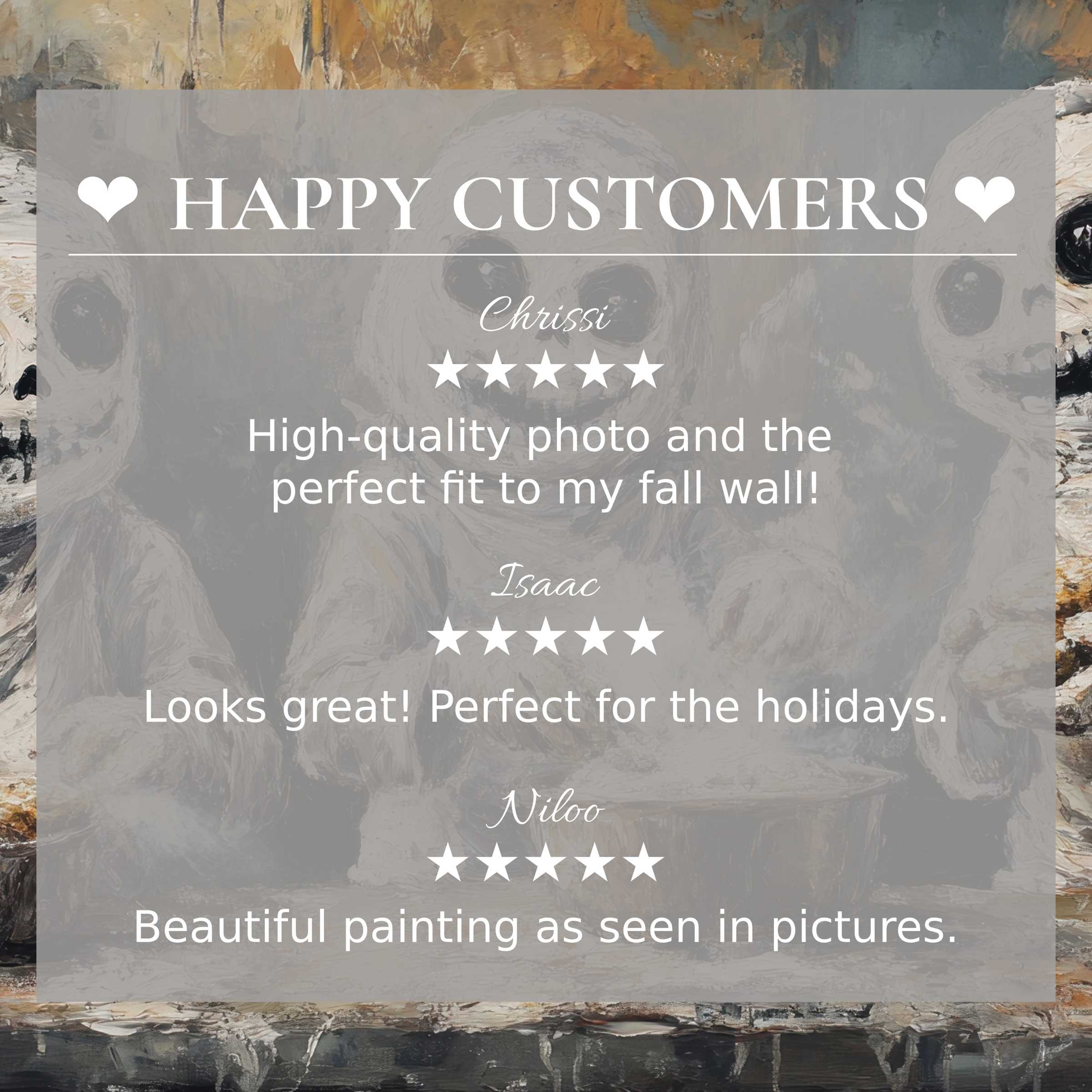 Happy customer reviews highlight trust in elegant halloween art for Frame TV with warm, abstract sunset background