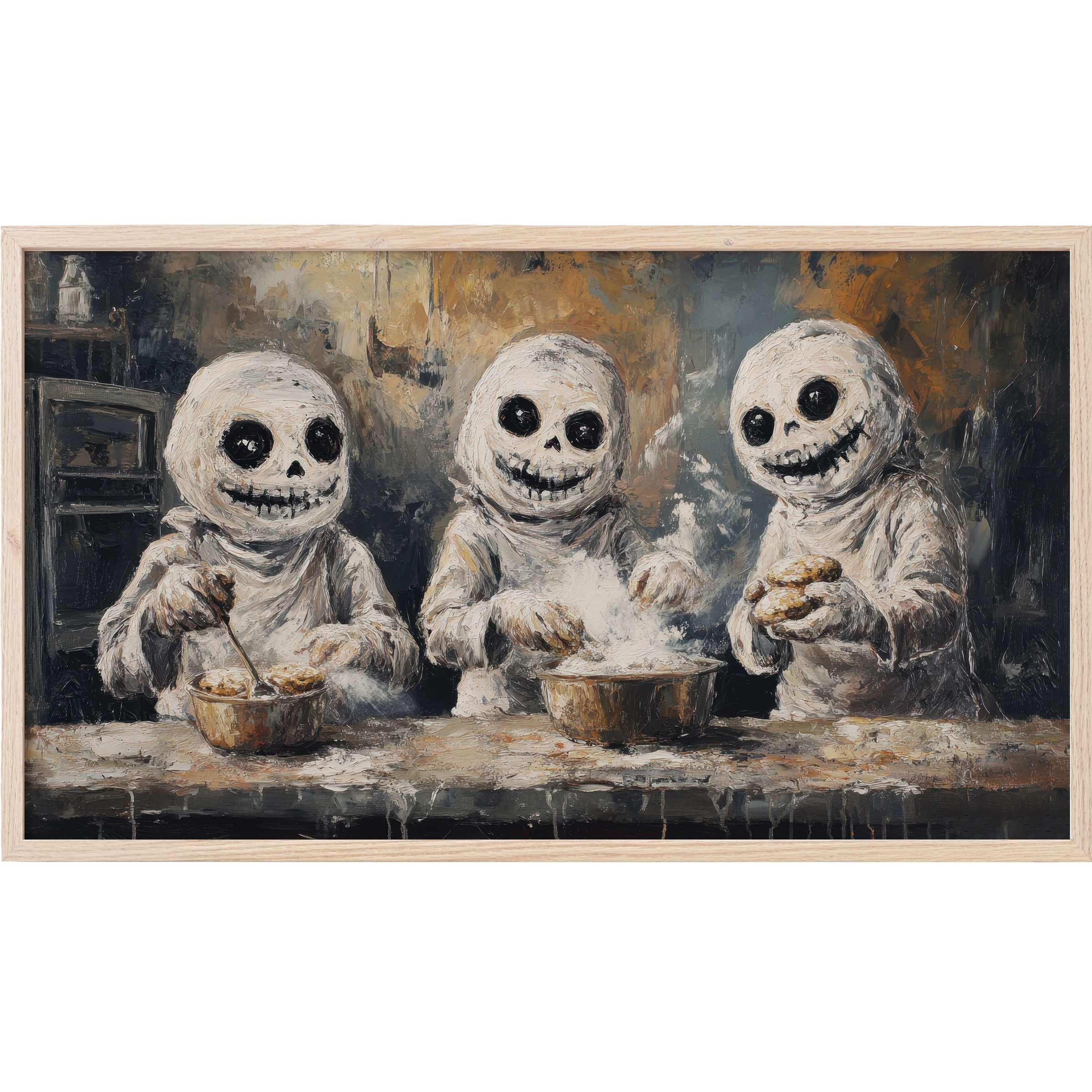 Whimsical trio of ghostly figures baking, textured brushstrokes in muted earth tones, modern halloween Frame TV Art