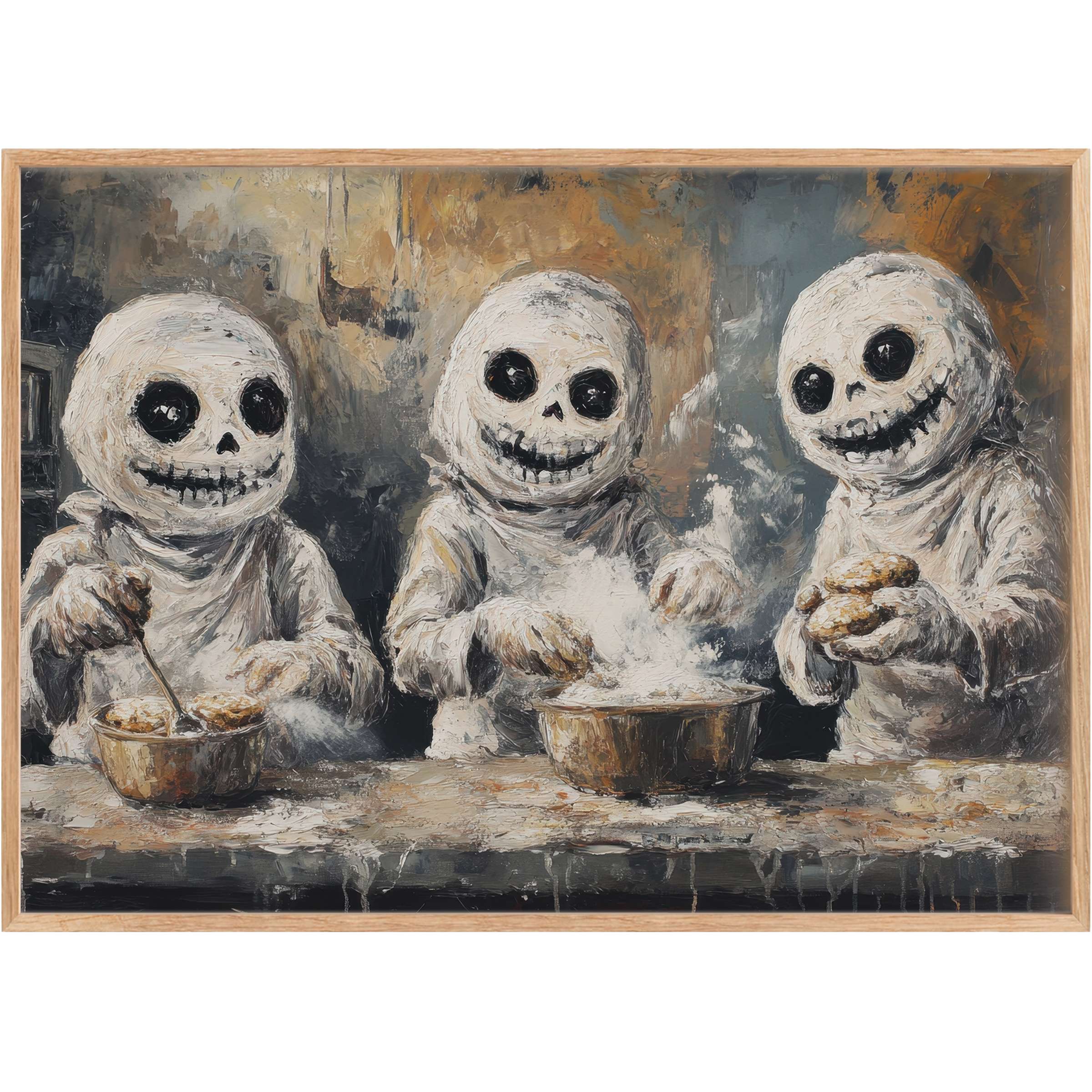 Whimsical Halloween printable wall art featuring playful skeletons baking, awash in warm amber and muted gray tones for a charming, lively vibe