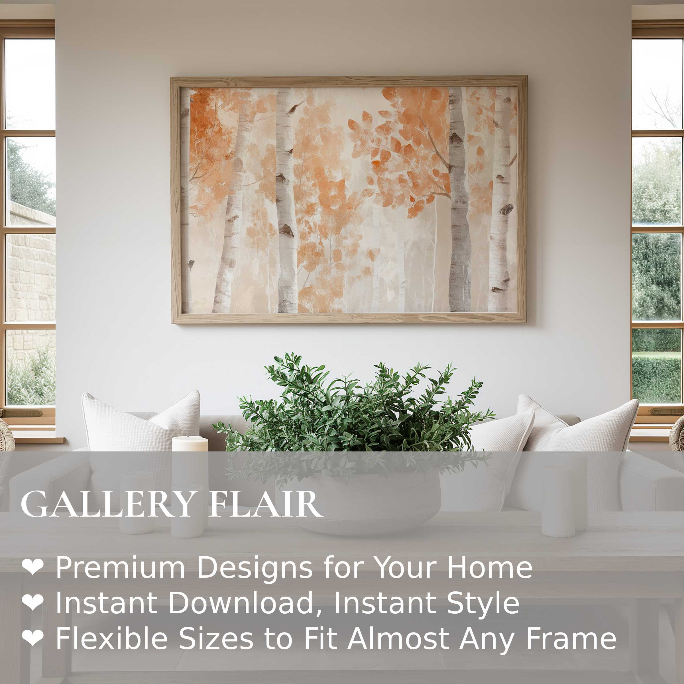 Elegant tree wall art print featuring soft autumnal hues and birch trees, enhancing serene, modern living spaces with warm, calming sophistication