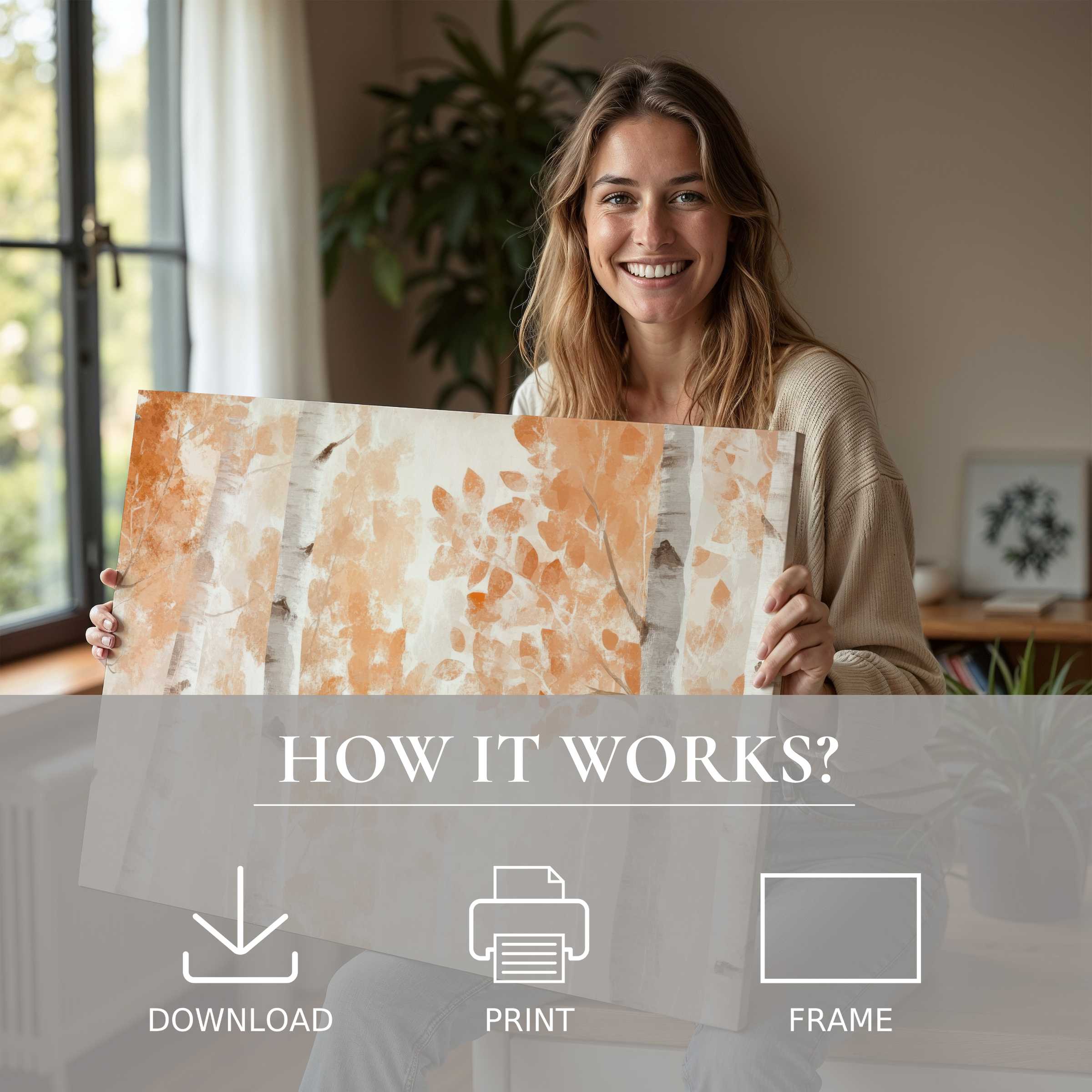 Radiant woman embraces a warm-toned tree digital art print, embodying joy and effortless elegance in modern home decor