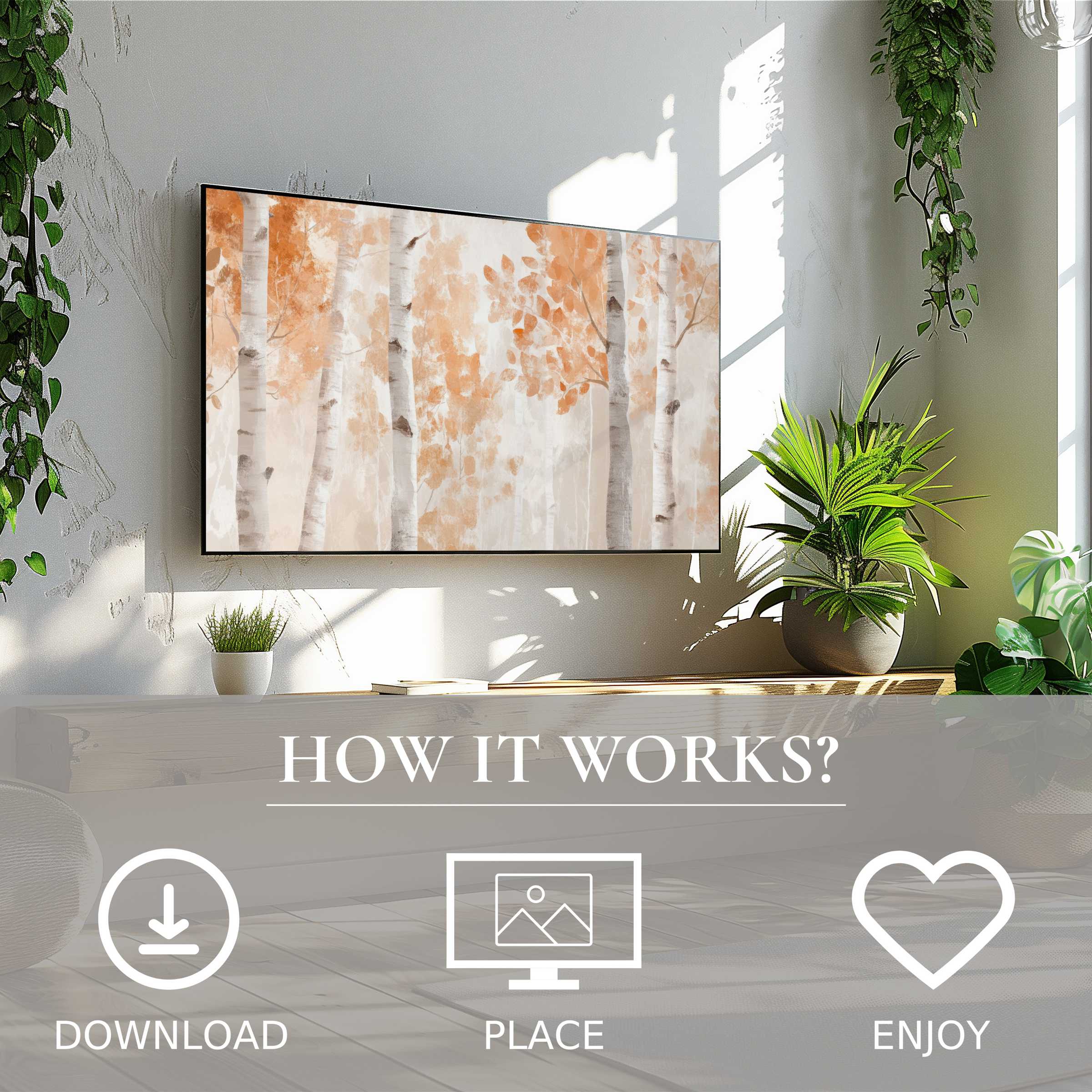 Tree art for Samsung TV with soft autumn tones, easy digital download, enriching modern living spaces with nature