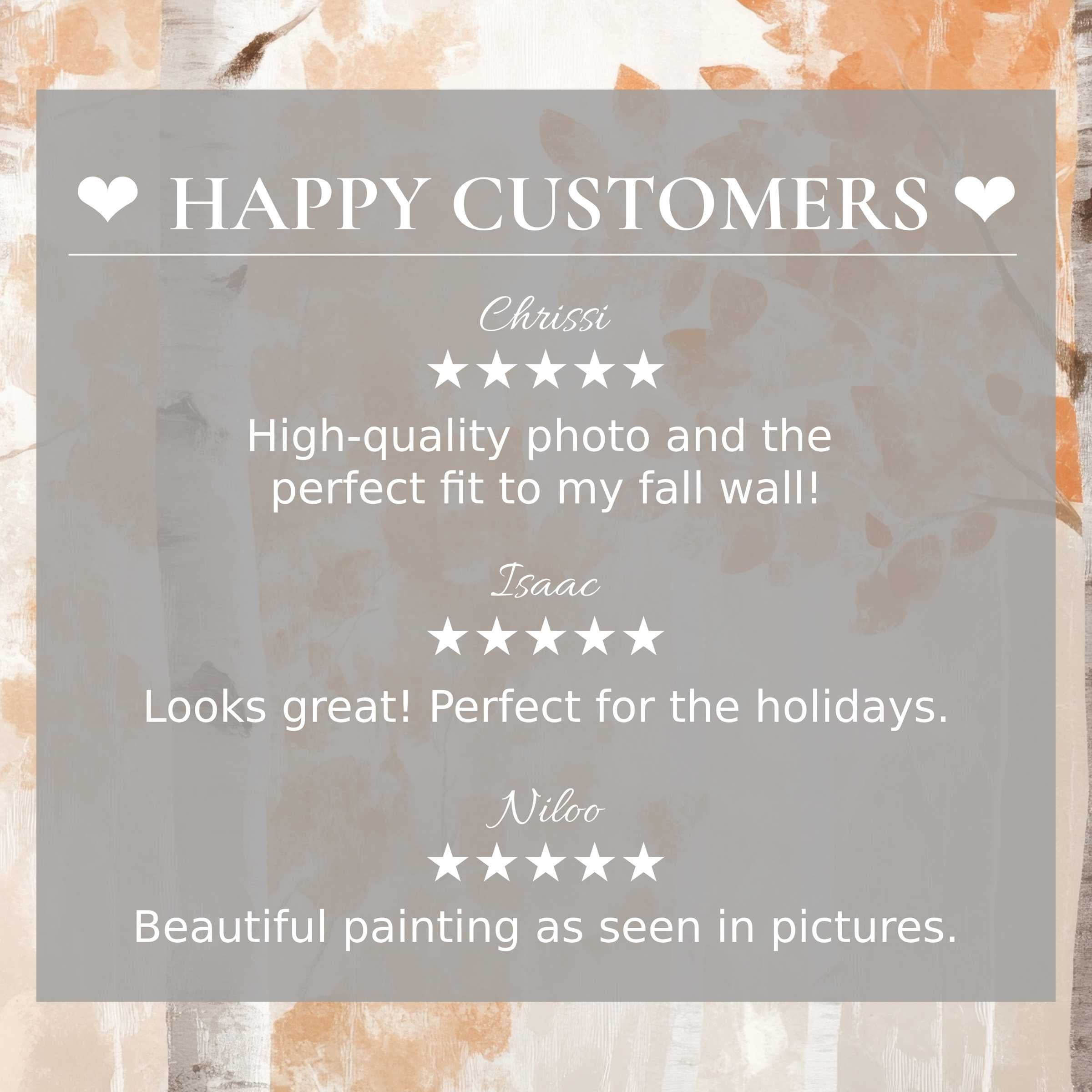 Trees art for Frame TV with abstract sunset tones, elegant layout featuring happy customer reviews building trust