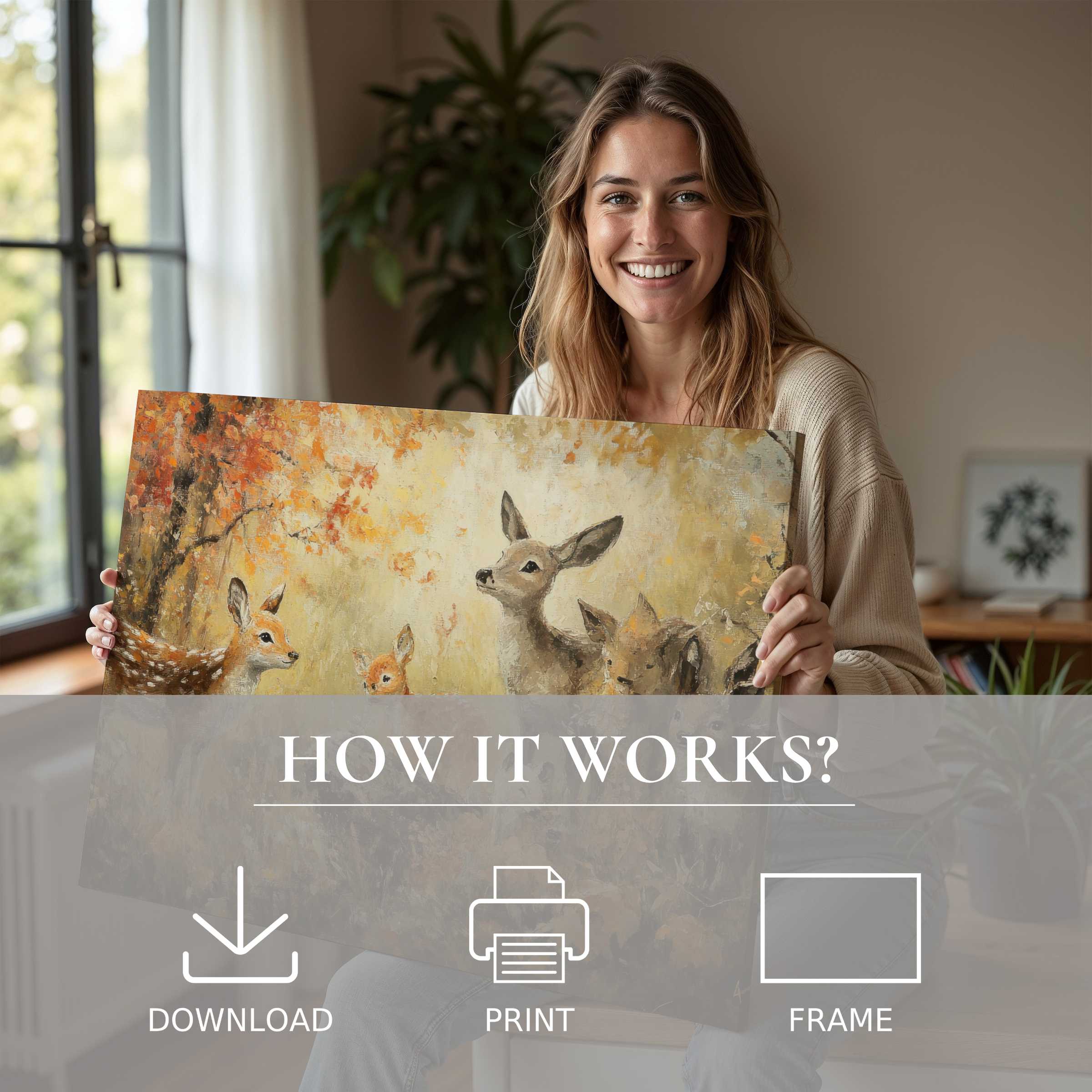 Woman in a cozy modern home joyfully sharing a fall digital art print of deer amidst warm autumn hues, celebrating art’s serene presence