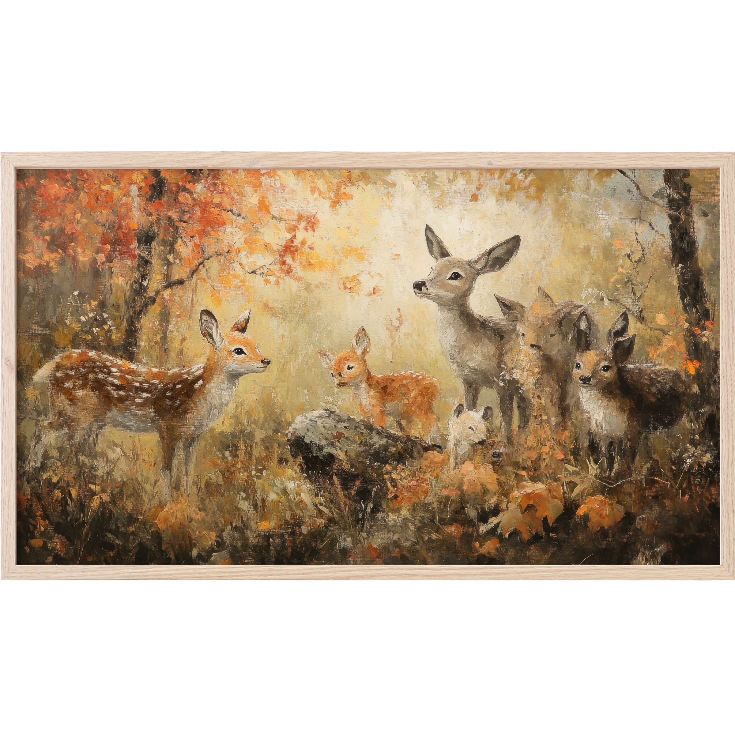 Fall Frame TV Art with soft autumn hues depicts a serene deer family in a warm, textured woodland scene