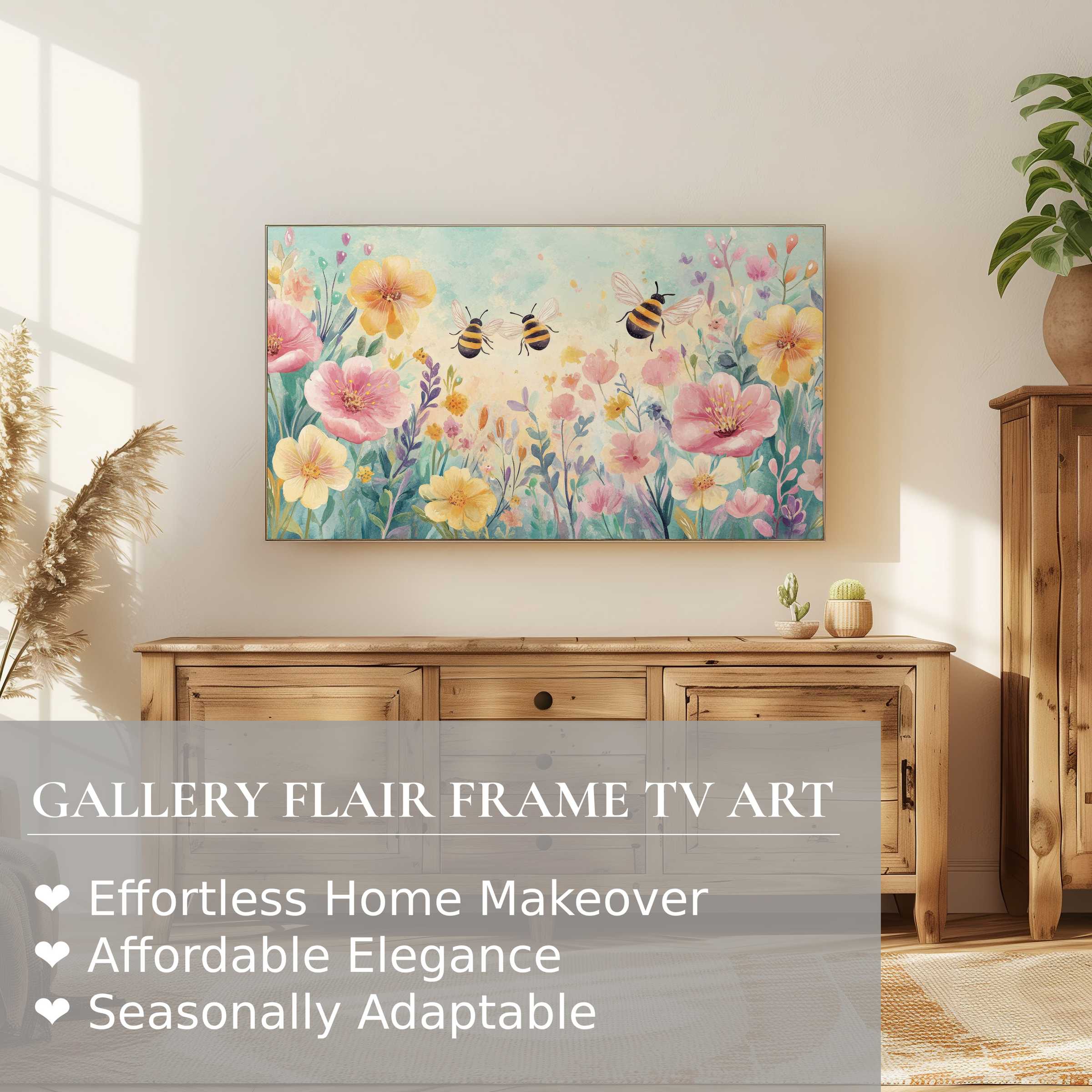 Samsung Frame TV displaying charming nursery digital artwork with soft florals and bees in a modern, stylish room