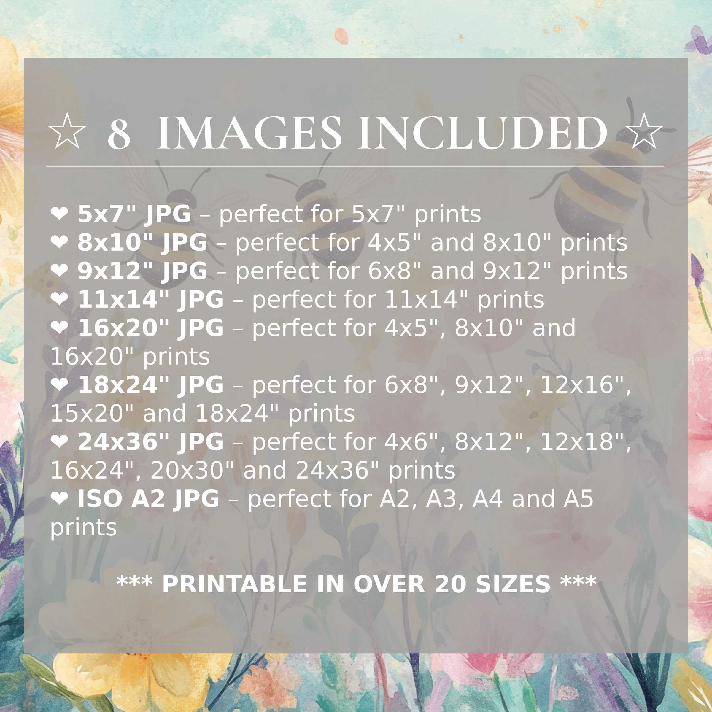 Nursery digital print with radiant pastel florals and soft bees in soothing blue, pink, and yellow hues; includes 8 high-quality sizes for versatile modern nursery décor