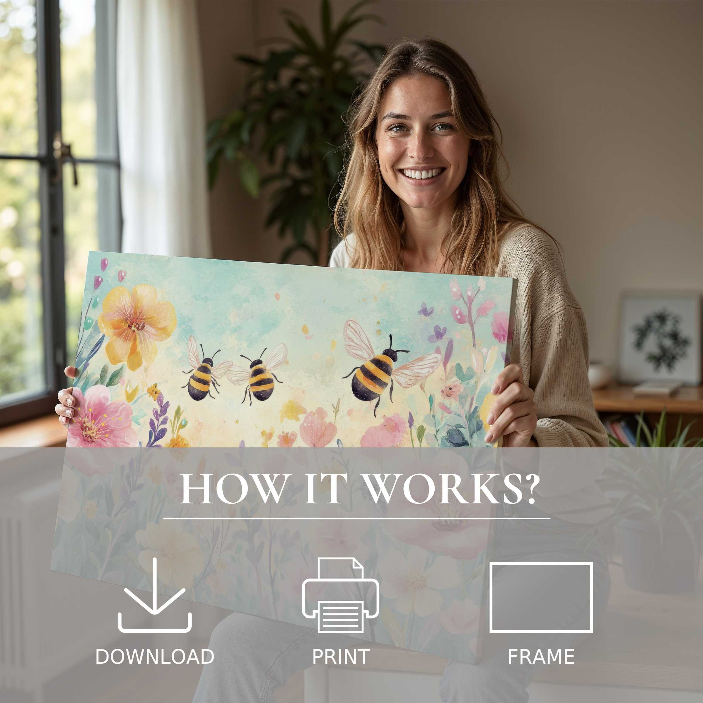 A serene moment of joy as a woman welcomes whimsical bees and floral tones in nursery digital art print, enriching modern home decor