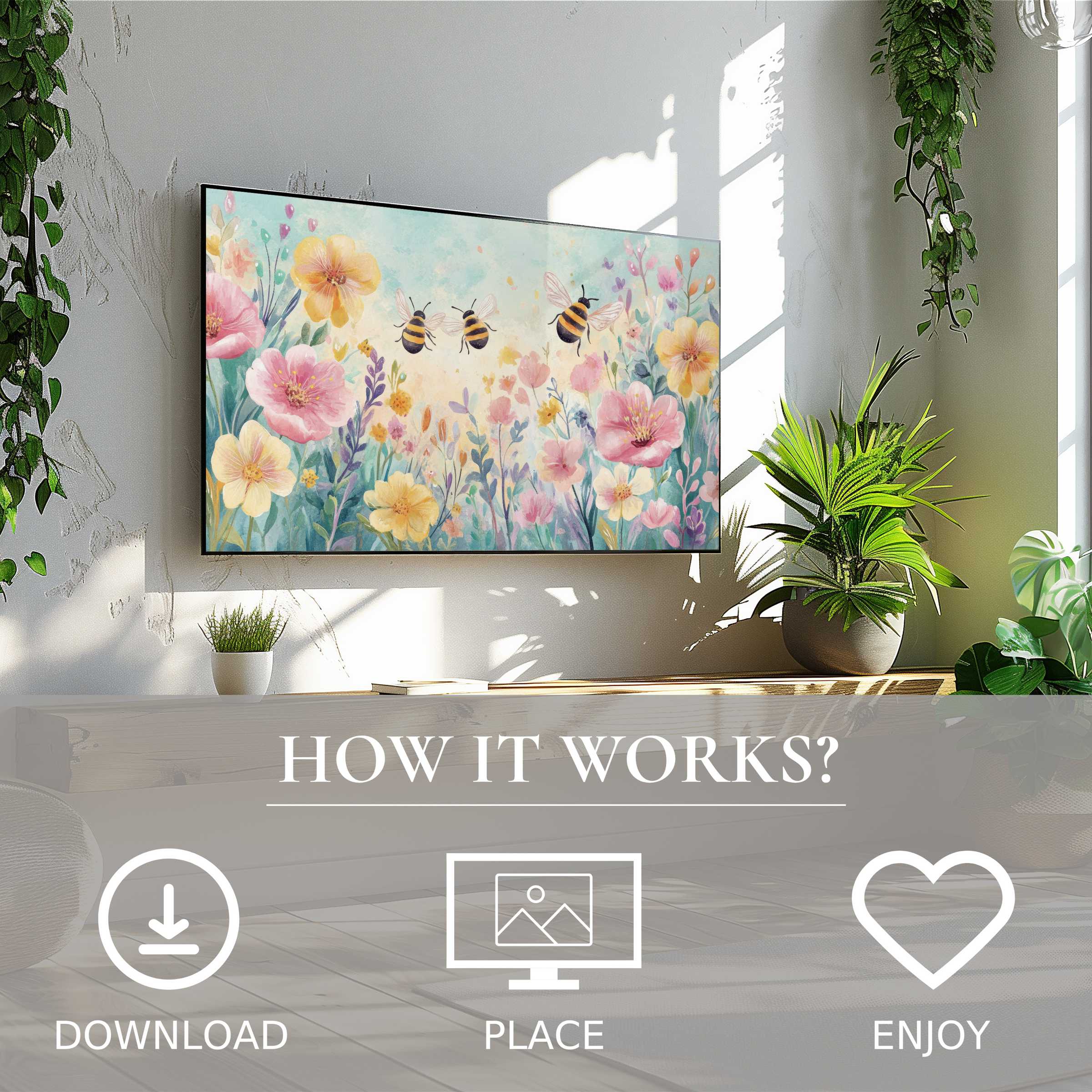 Nursery art for Samsung TV with floral and bees motif in soft pastel tones, easy digital download enriches space