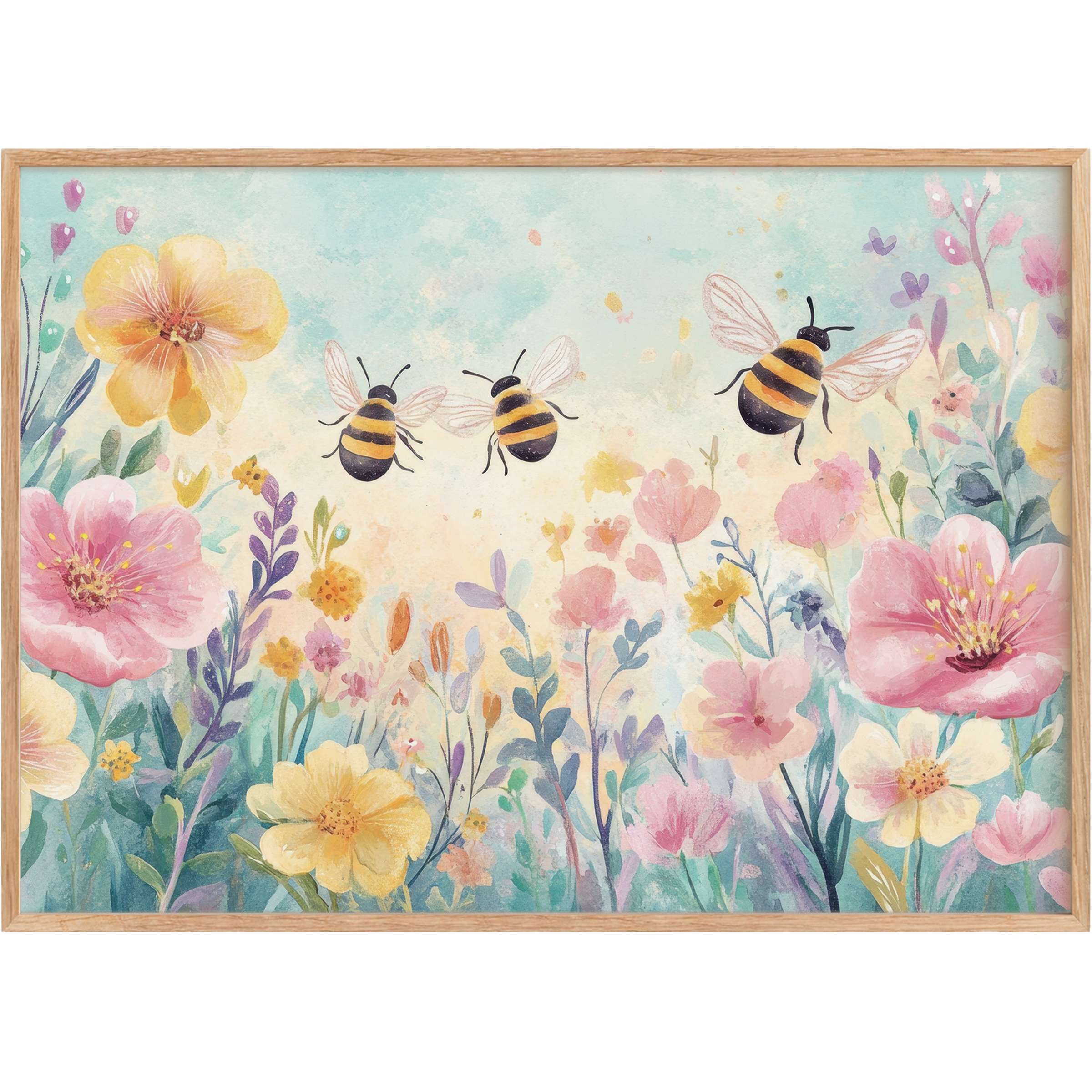 Nursery printable wall art with soft pastel blooms and buzzing bees creates a radiant, uplifting ambiance for stylish spaces