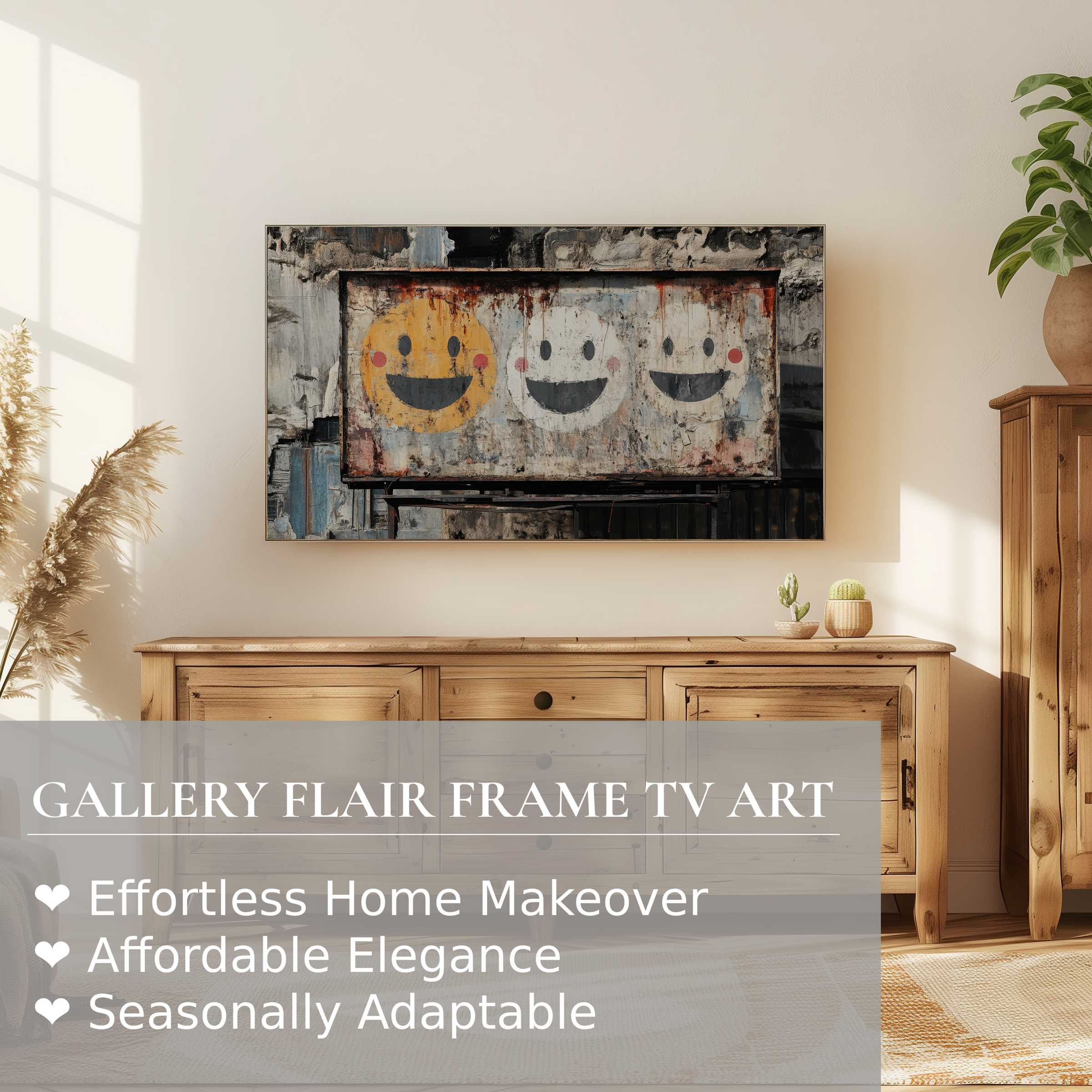 Modern living room with rustic wooden furniture and Samsung Frame TV displaying street art digital artwork