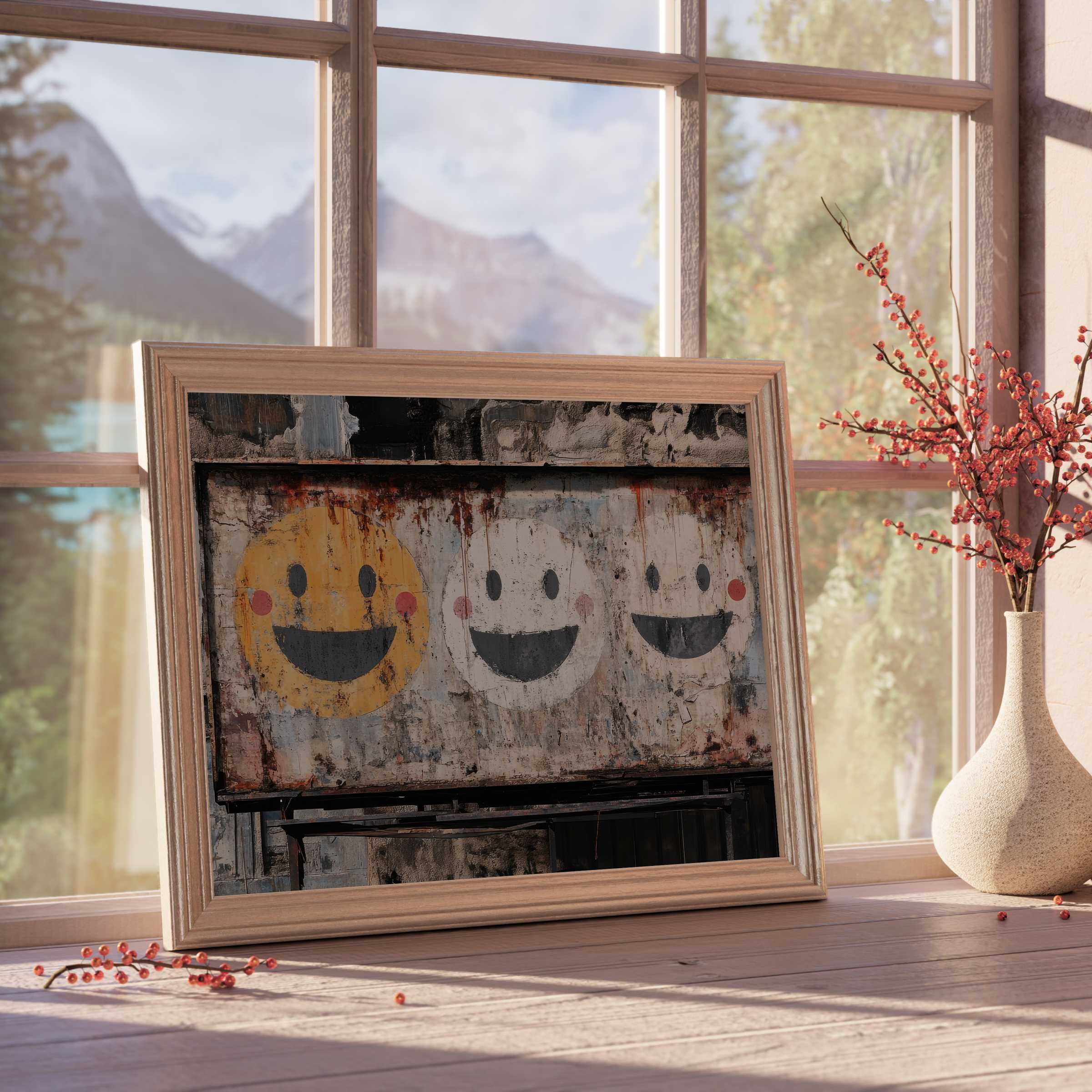 Rustic street art downloadable art featuring joyful smiley faces, elevating serene, curated interiors with playful, warm urban charm