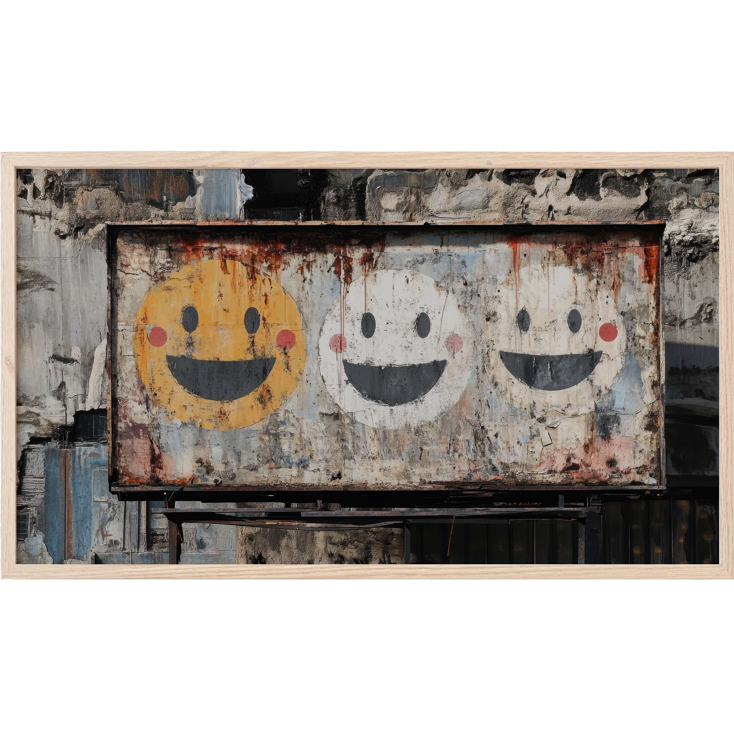 Rustic billboard with vibrant smiley faces in muted yellows and whites, urban decay texture, street art Frame TV Art